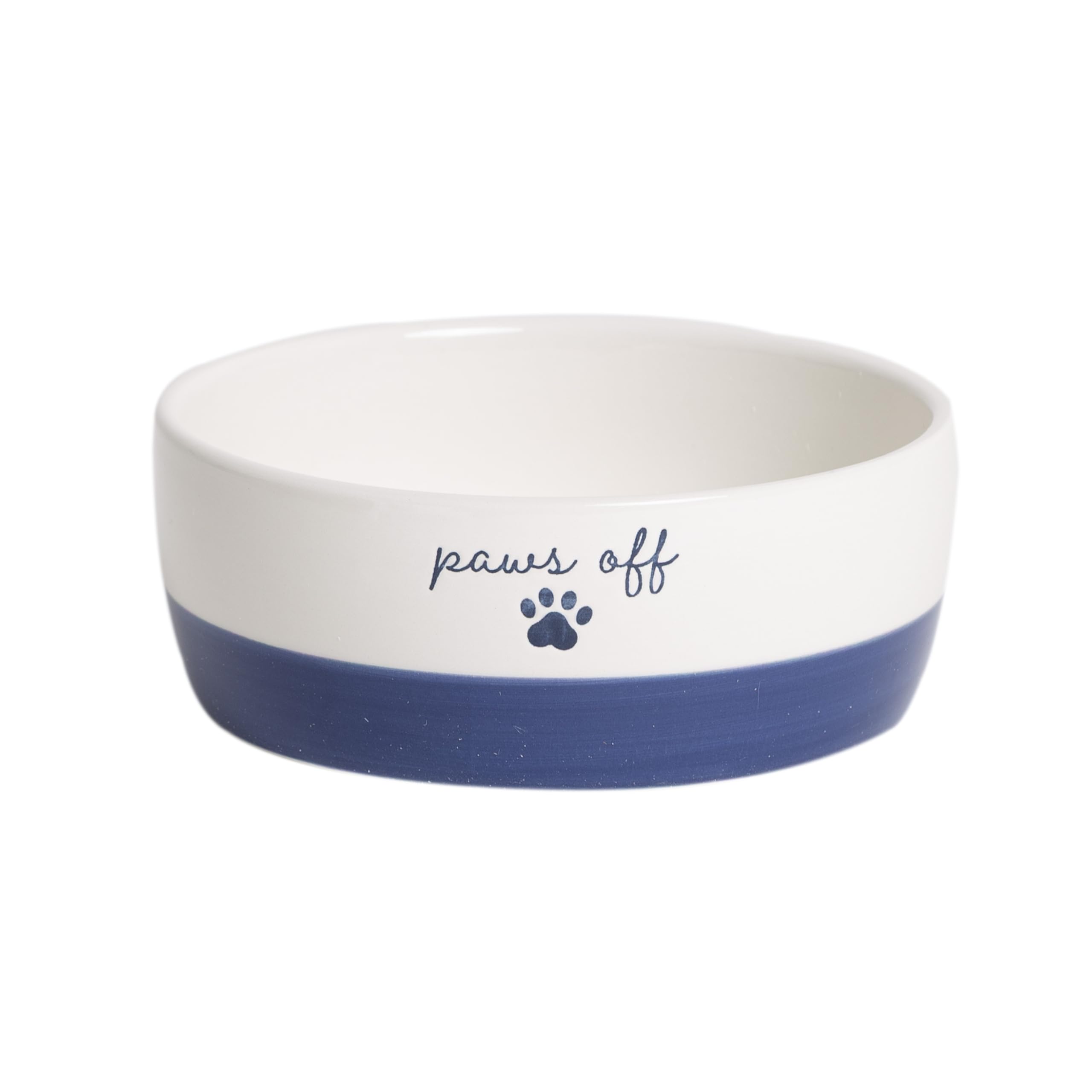 Pearhead Ceramic Cat Bowl - Navy Blue Paws Off Design, Holds 1.3 Cups, Stoneware Pet Dish, Non-Skid Feeding Bowl, Small