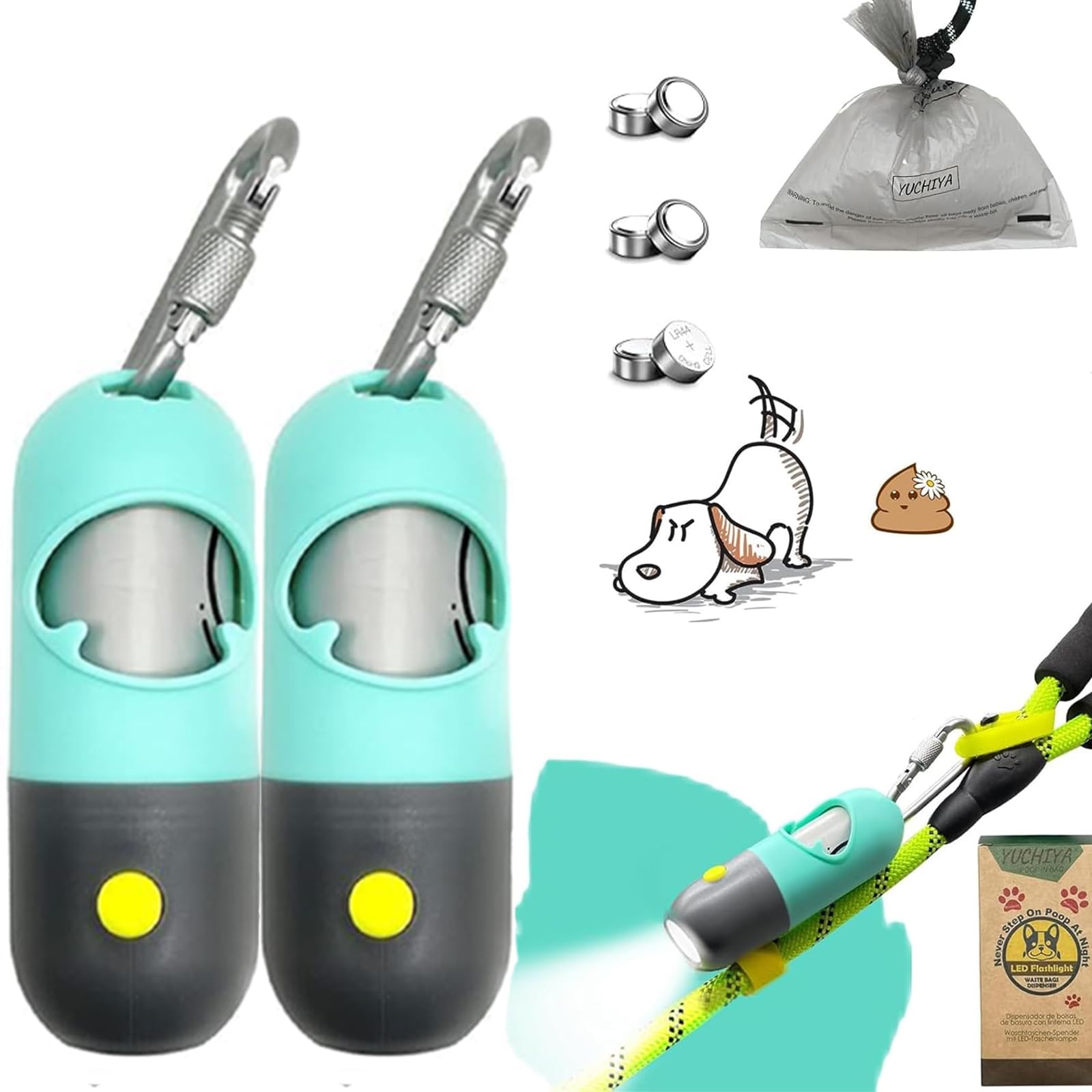 Dog Poop Bag Holder With LED Flashlight | Pet Waste Dispenser for Leash | Doggie Potty Container With Leak-proof Trash Bags and 