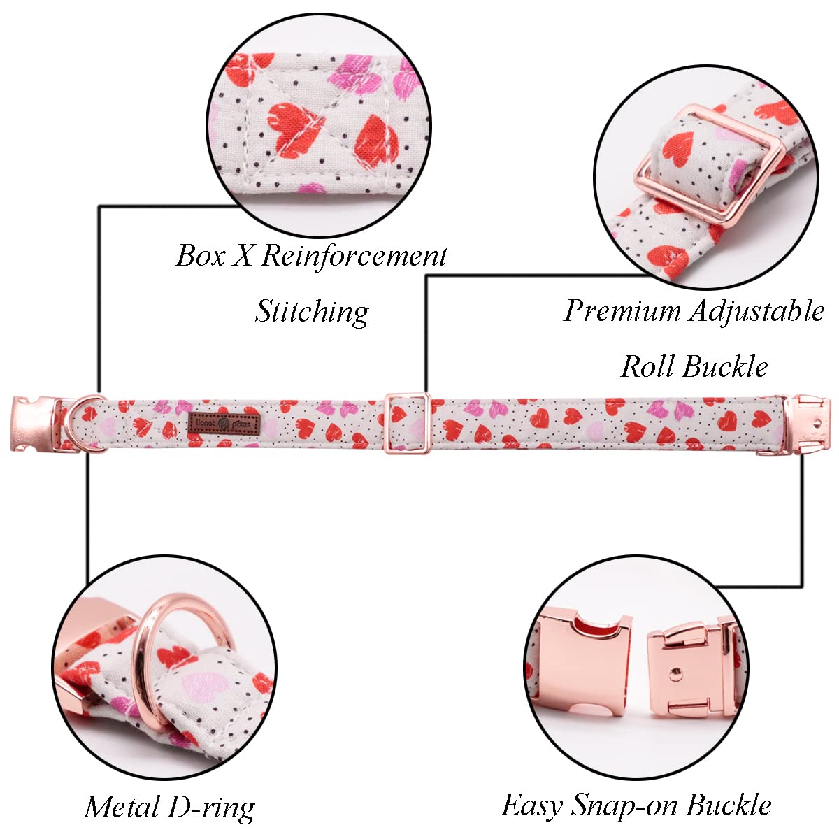 Lionet Paws Valentine Dog Collar, Heavy-Duty Cute Pink Heart Pattern Collar With Metal Buckle Pet For Small Medium Dogs, Neck 13