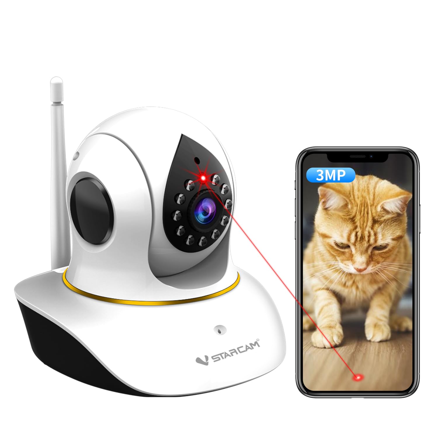 Vstarcam Pet Camera With Laser, 3Mp 2.4Ghz Wifi Interactive Dog & Cat Laser Toy With Night Vision, Motion Detection Alerts, App 