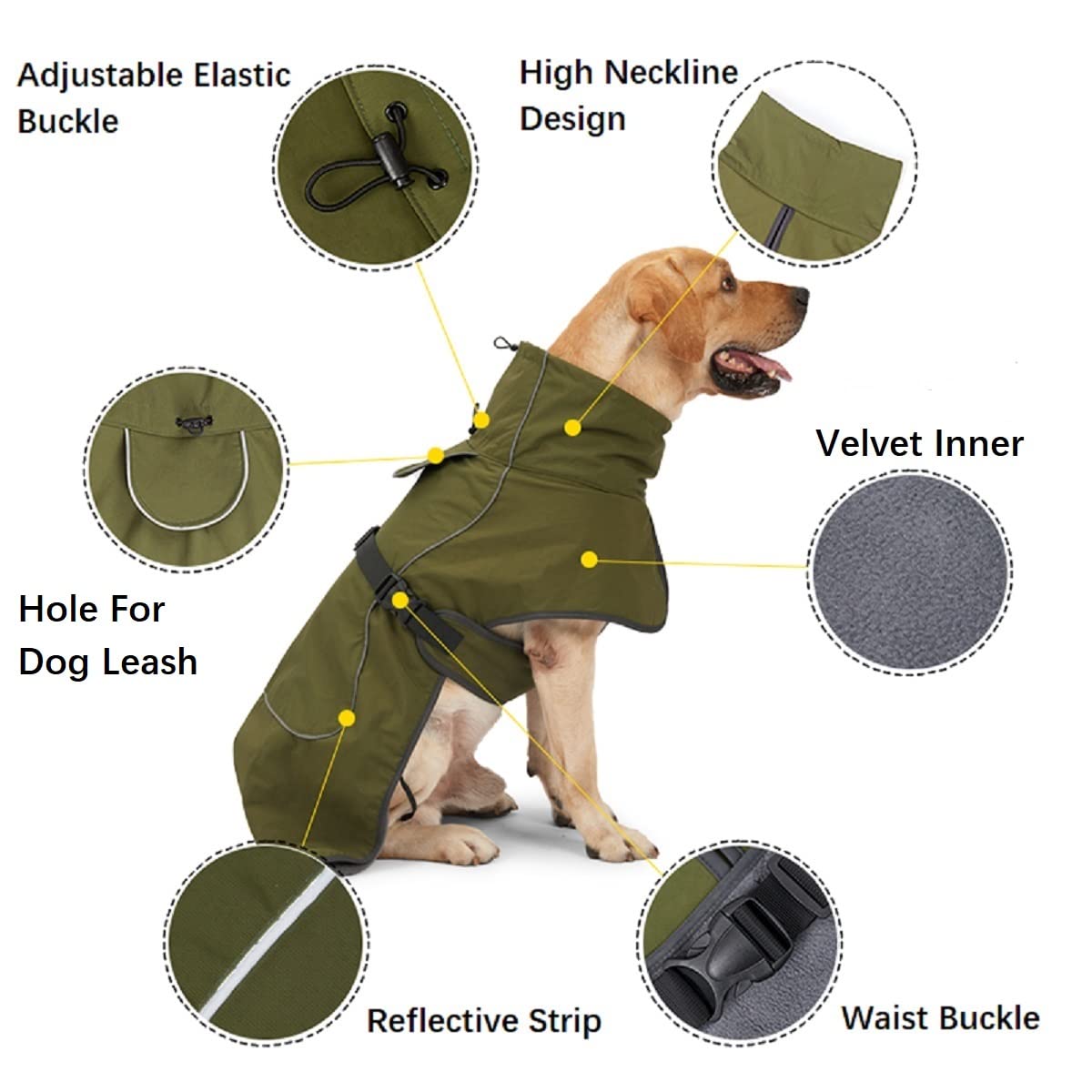 Barkworthies Dog Raincoat - Waterproof Winter Jacket With Velvet Inner, Reflective Strip, Green, 2Xl