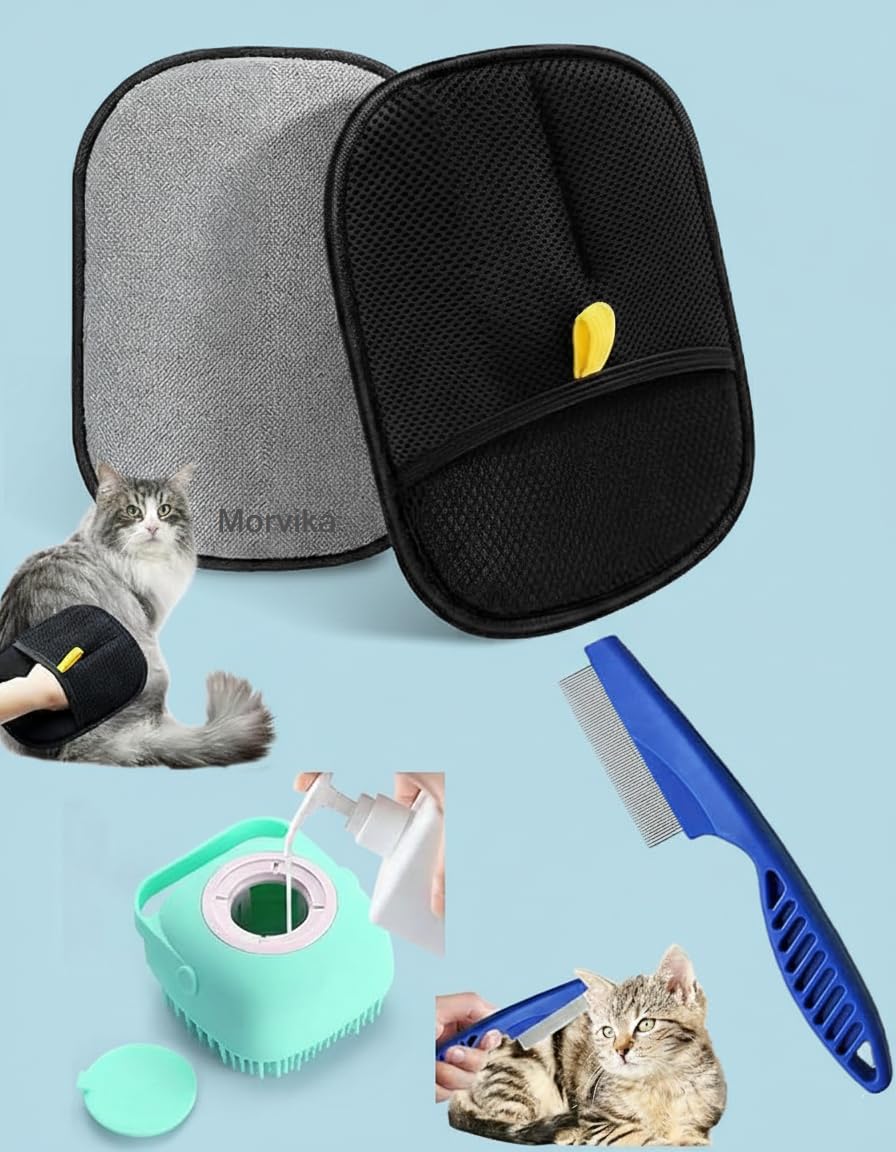Pet Hair Comb With Tear Stain Removal, 2 In 1 Stainless Steel Grooming Brush, Pet Hair Removal Gloves, Silicone Shampoo Dispense