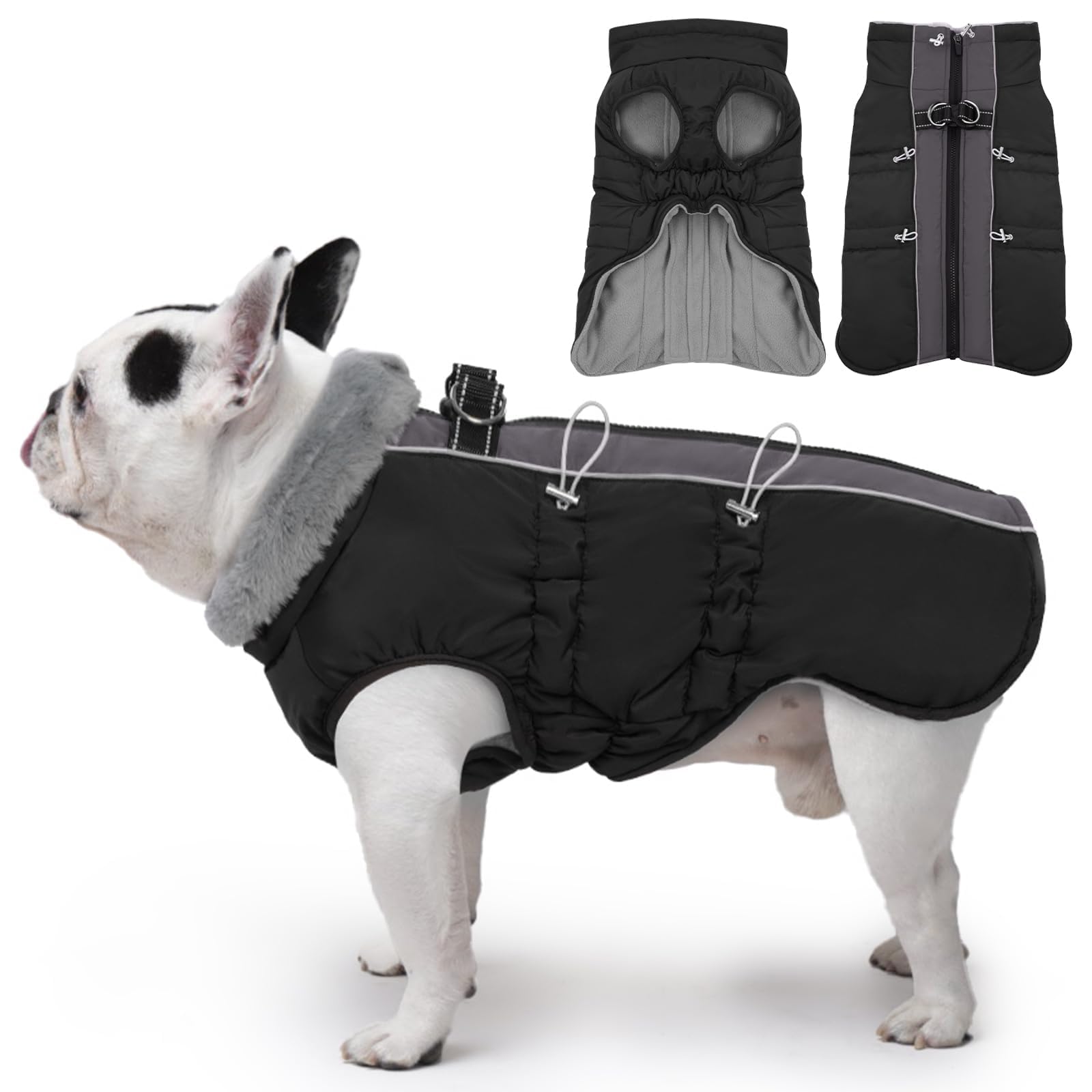 IKIPUKO Dog Winter Jacket - Large, Warm Zip Up Snowsuit Dog Harness Vest, Reflective, Water-Resistant, Black