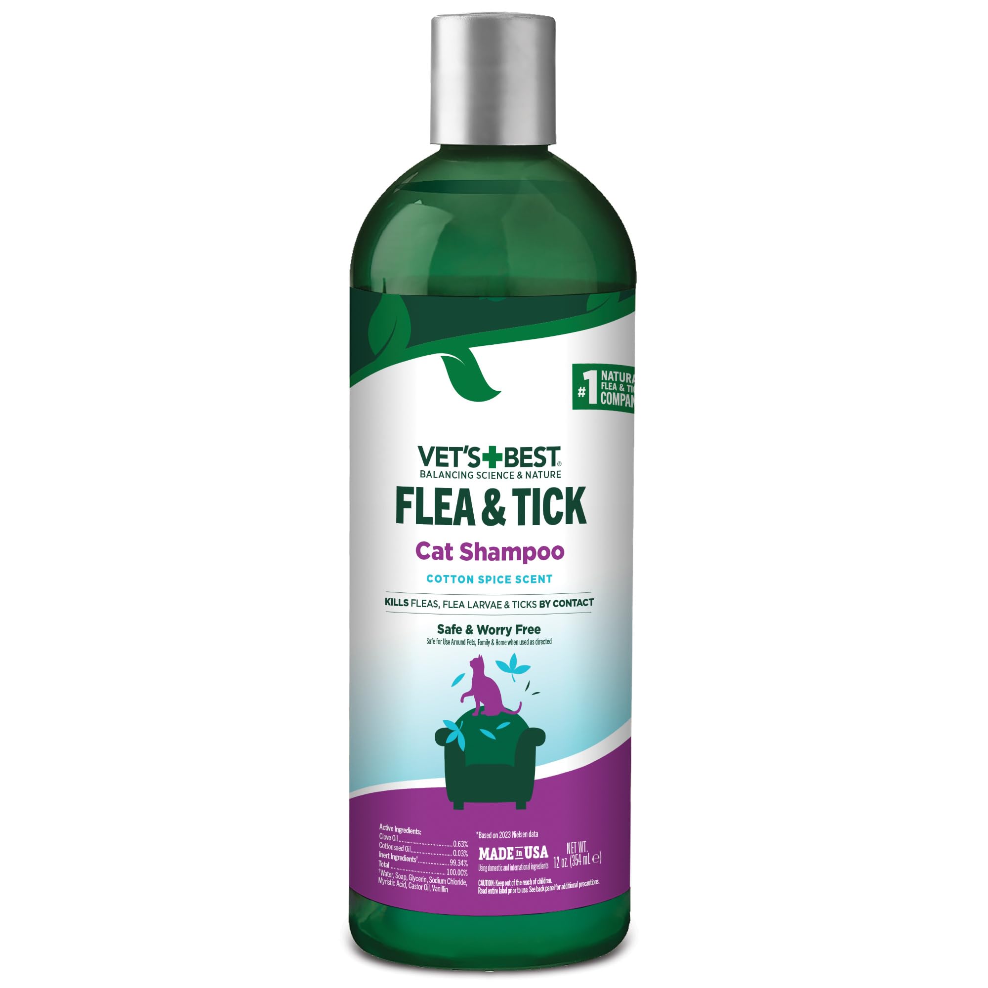 Vets Best Flea & Tick Shampoo for Cats - Premium Flea and Tick Treatment for Cats - Plant-Based Ingredients - Certified Natural
