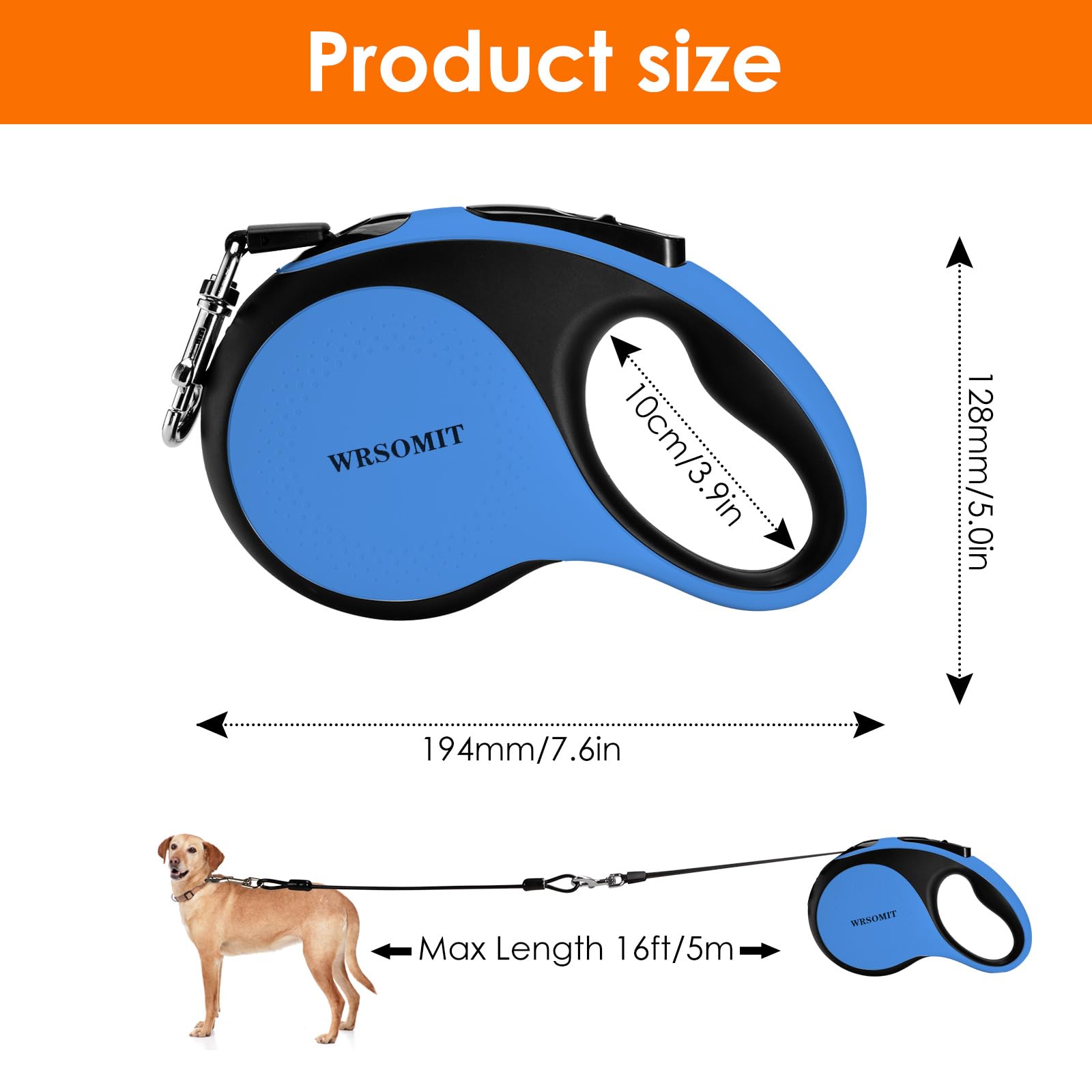 WRSOMIT Retractable Dog Leash with Chew Proof Cable and LED Flashlight, 16Ft Heavy Duty Dog Leash for Small Medium Large Dogs up