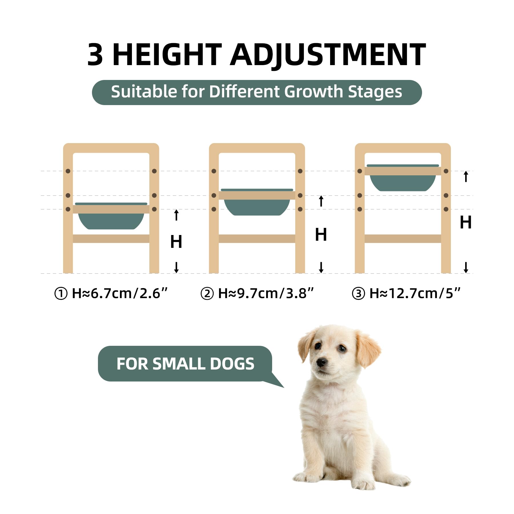 Havniva Ceramic Adjustable Raised Double Dog Bowls With Wooden Stand, 3 Heights Elevated For Small Dogs (Double 5.9'' Bowls, Dar