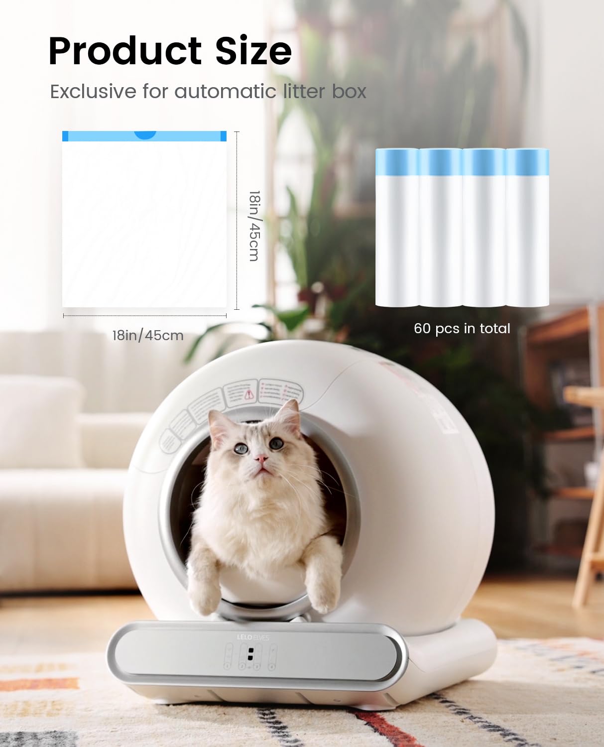 Cat Litter Box Liners-60 Count, Drawstring Cat Litter Waste Receptacles Bags For Lelo Elves Lmsp-10-18'' X 18''