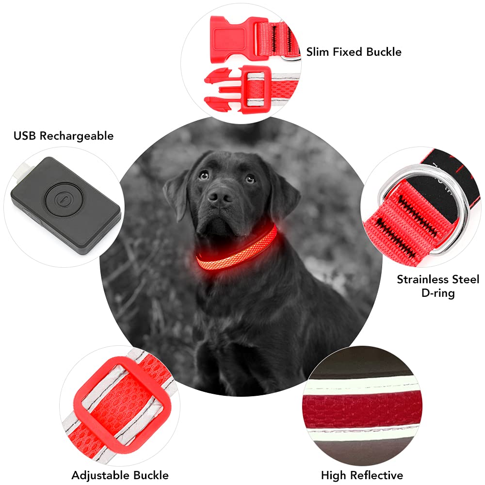 YFbrite Light up Dog Collar, USB Rechargeable LED Puppy Collar Super Bright Adjustable Glowing Dog Lights for Night Walking (Red