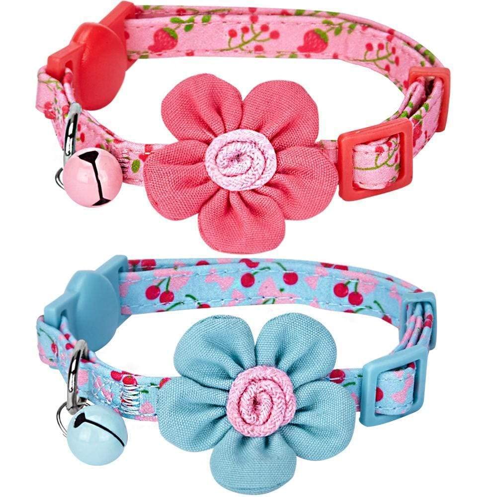 Blueberry Pet Pack Of 2 Cat Collars, Lovely Cherry And Floral Prints Adjustable Breakaway Cat Collar With Flower & Bell, Neck 9