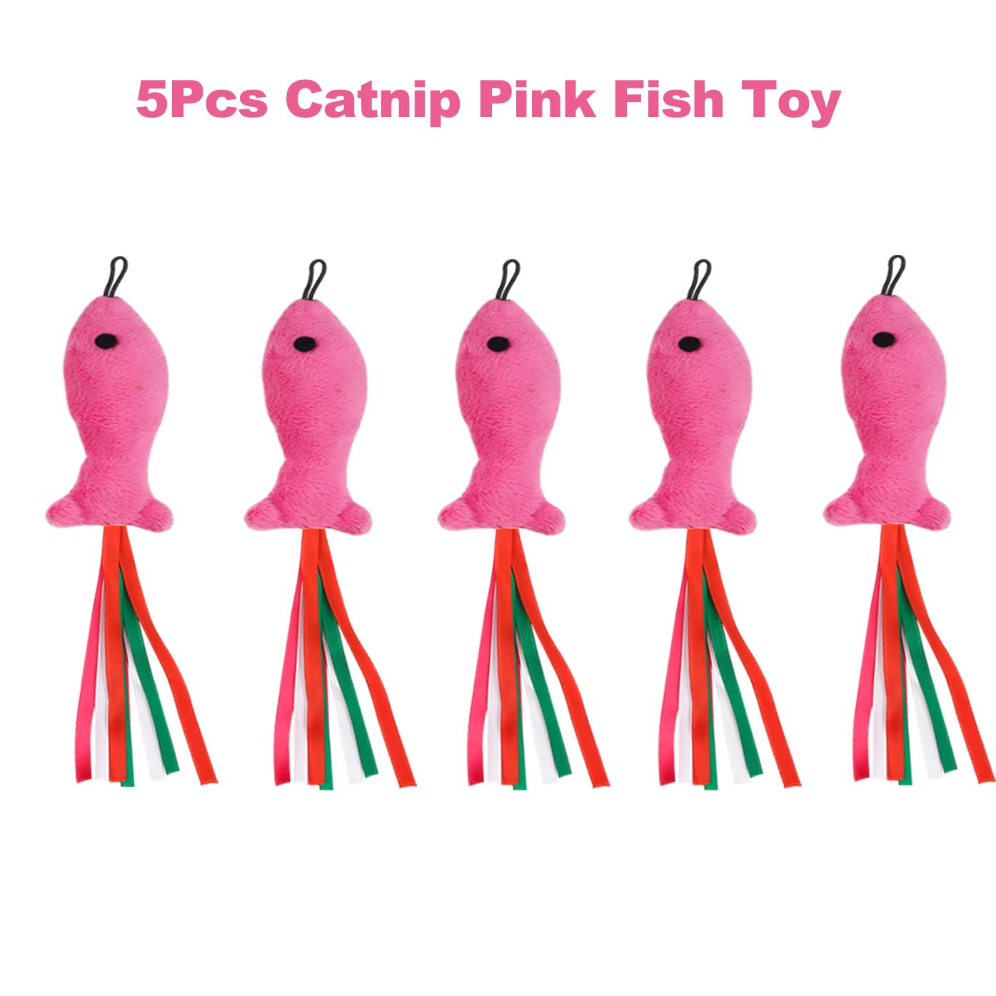 ZeyZoo 5Pcs Catnip Toy, Cat nip Pink Fish Interactive Cat Toy, Kitten Toys Catnip Filled Plush Toys, Feather Teaser Accessories