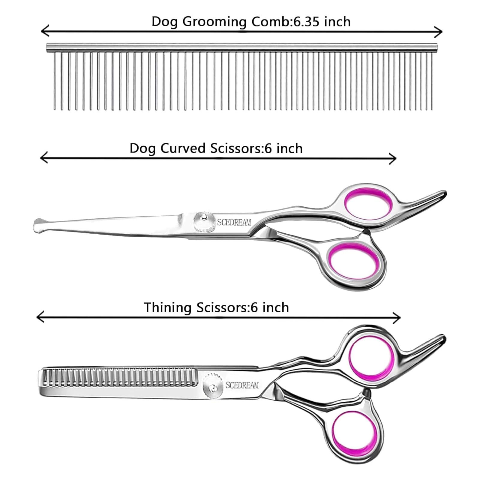 Scedream Dog Grooming Scissors - 3 In 1 Pet Grooming Shears Set, Curved Tips, Pink