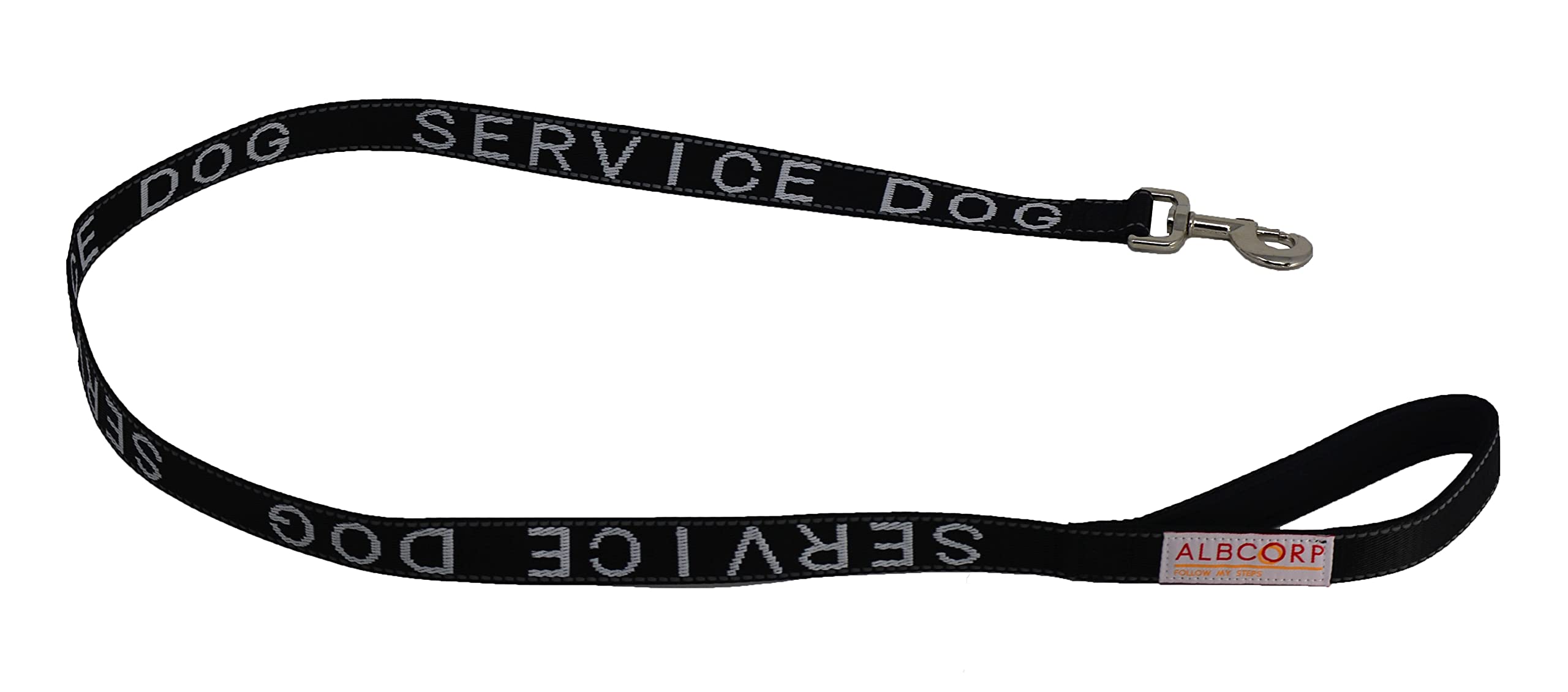 Albcorp Service Dog Leash - Embroidered- With Padded Neoprene Handle And Reflective Threads, 4 Feet, For Harnesses, Vests Or Col