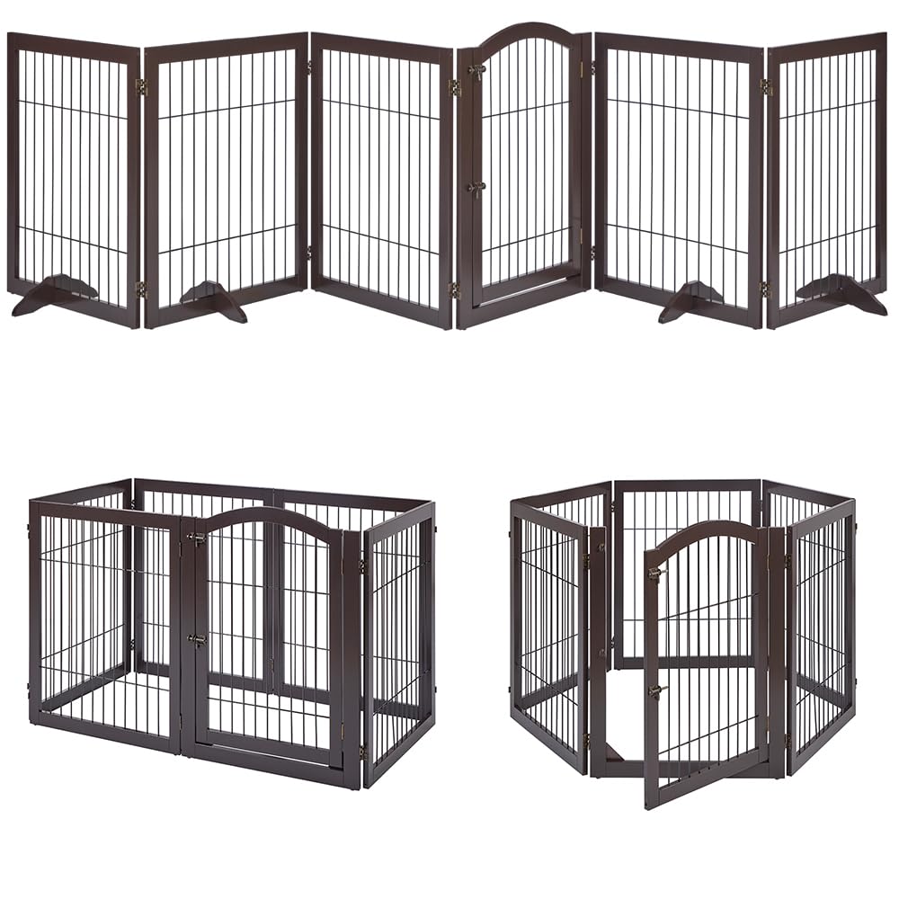 unipaws 144 Extra Wide Dog Gate and Pet Playpen, Free Standing Tall Dog Fence with Walk Through Door, Barriers for Home, Use as 
