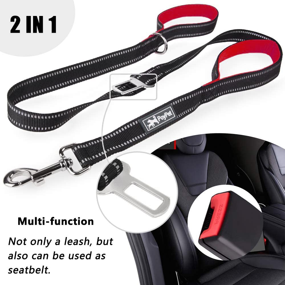 Poypet 5 Feet Reflective Dog Leash Tether + Car Seat Belt+ Dual Padded Grip Handles (Red)
