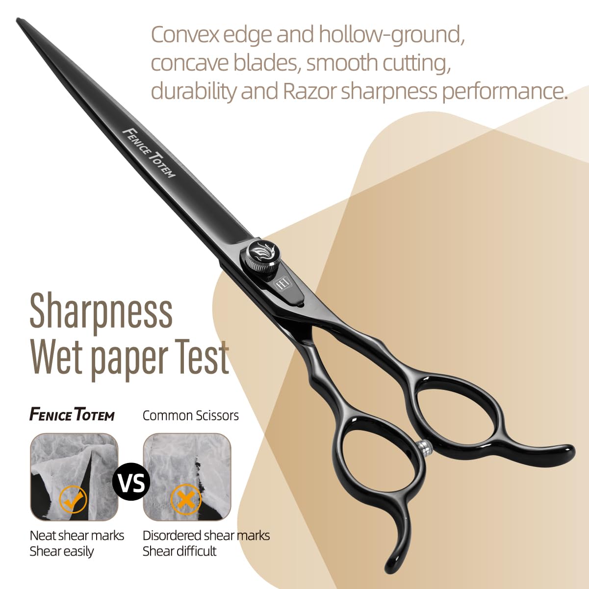 Fenice Totem Dog Grooming Scissors: 7.5 Inch Bright Black Pet Staright Shears Made Of Japanese 440C Advanced Stainless Steel Pro