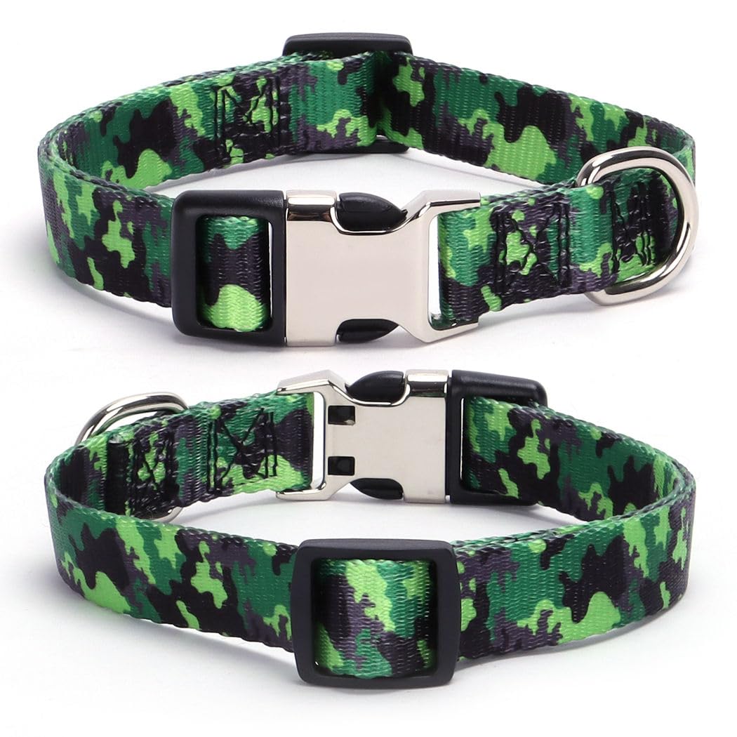 Green Camo Dog Collars For Small Dogs, Pretty Pattern Camouflage Dog Collar Metal Buckle Durable Soft Boy Puppy Collars For Xsma