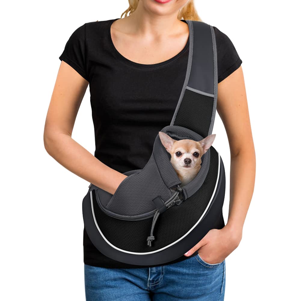 Yudodo Pet Dog Sling Carrier Mesh Hand Free Adjustable Dog Satchel Carrier Bag Papoose Crossbody For Small Medium Dog Cat Rabbit (S(Up To 5 Lbs), Black)