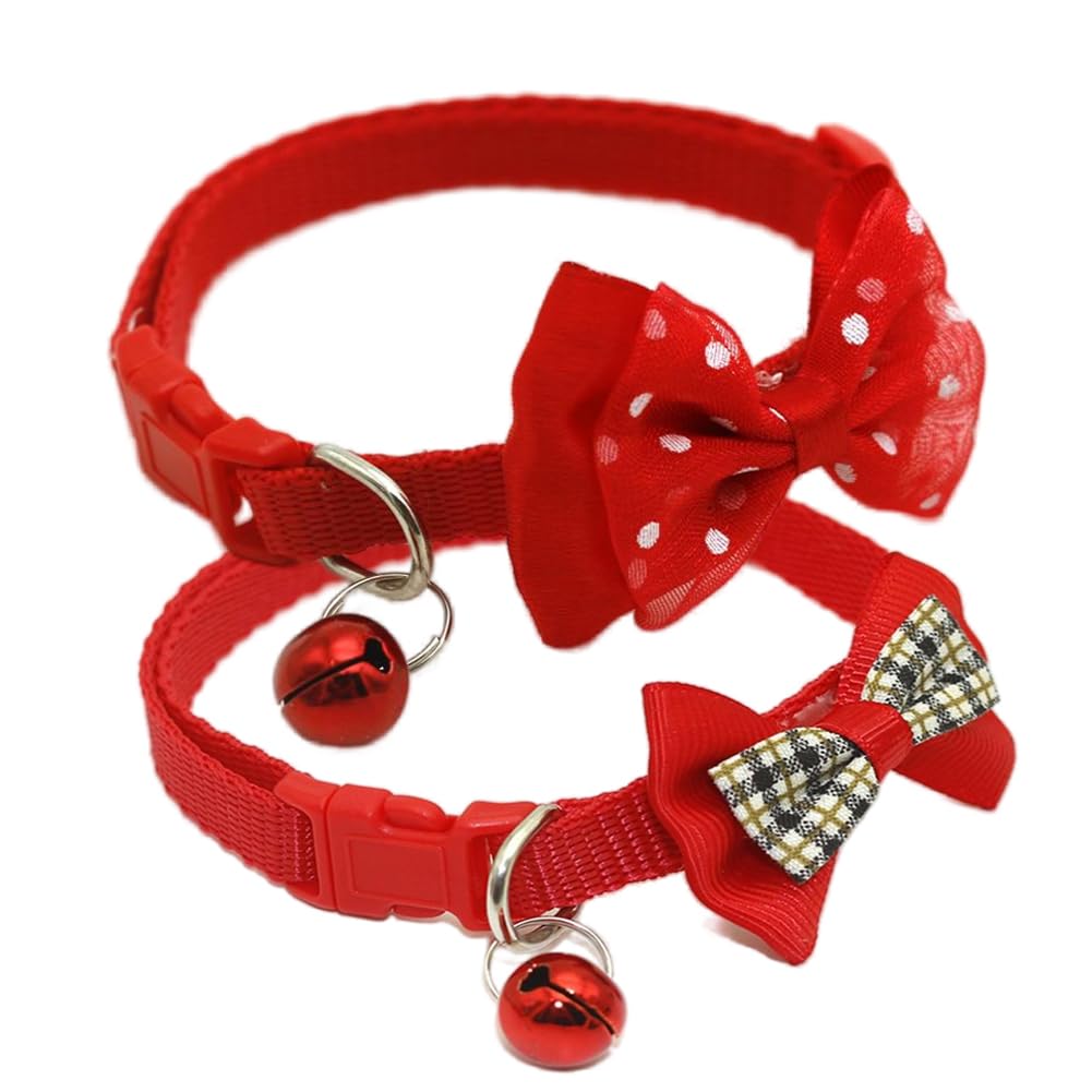 Red Cat Collar With Bells, 2-Pack Dog Collar With Bell Cute Bowtie Puppy Collar Nylon Adjustable Buckle For Xxs Xsmall Girl Pets