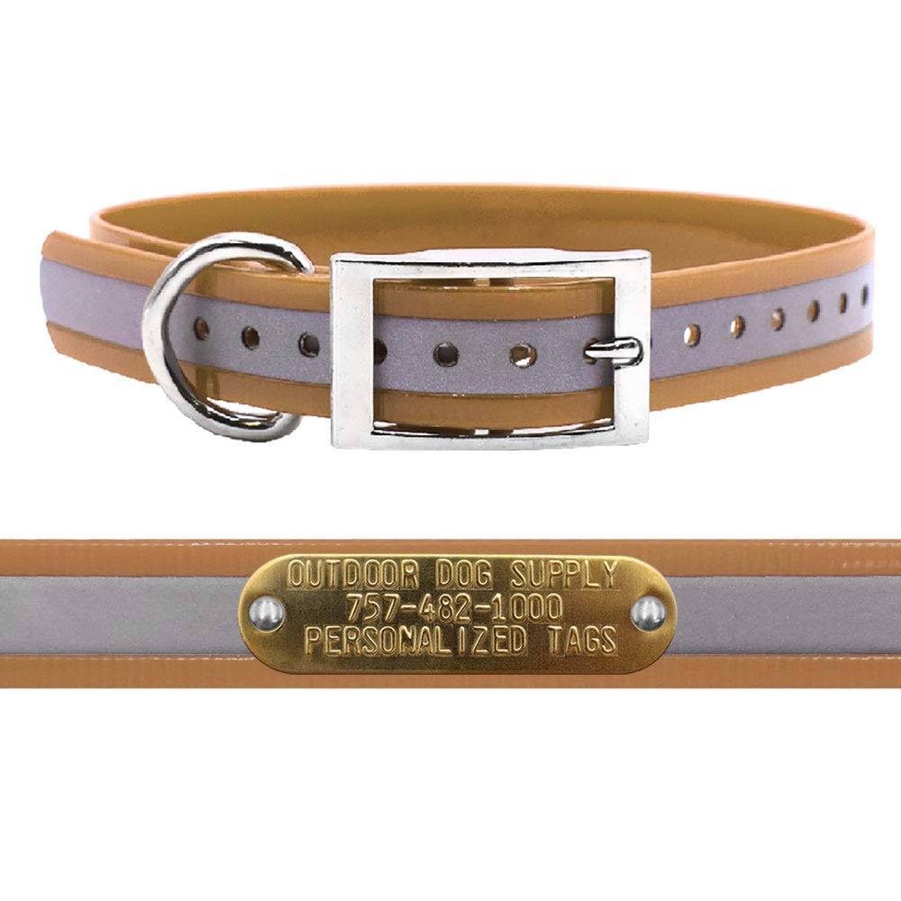 Outdoor Dog Supply'S 1'' Wide Reflective D Ring Dog Collar Strap With Custom Brass Name Plate (21'' Long, Reflective Tan)