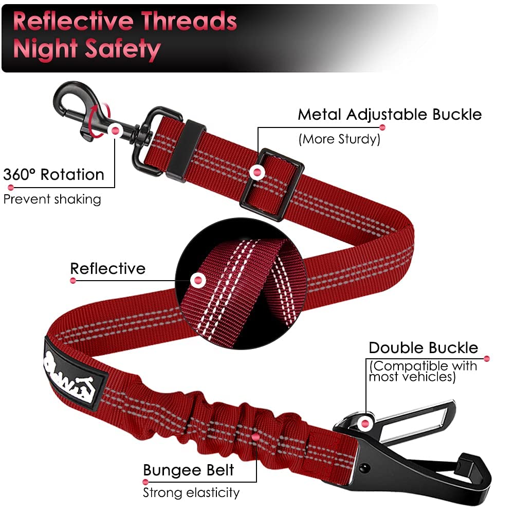 Slowton 2 Pack Dog Seat Belt, 2 In 1 Attachment, Hook Latch Bar Or Seatbelt Buckle With Elastic Nylon Bungee Buffer Adjustable Reflective Nylon Safety Belt Tether Connect To Dog Harness (2Pack-R)