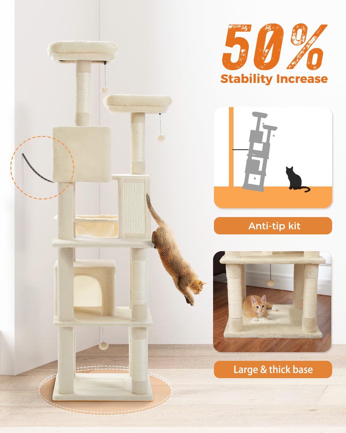 Muttros Tall Cat Tree 70.9'', Large Cat Tower For Indoor Cats, Multi-Level Plush Cat Condo With 6 Scratching Posts, 2 Scratching