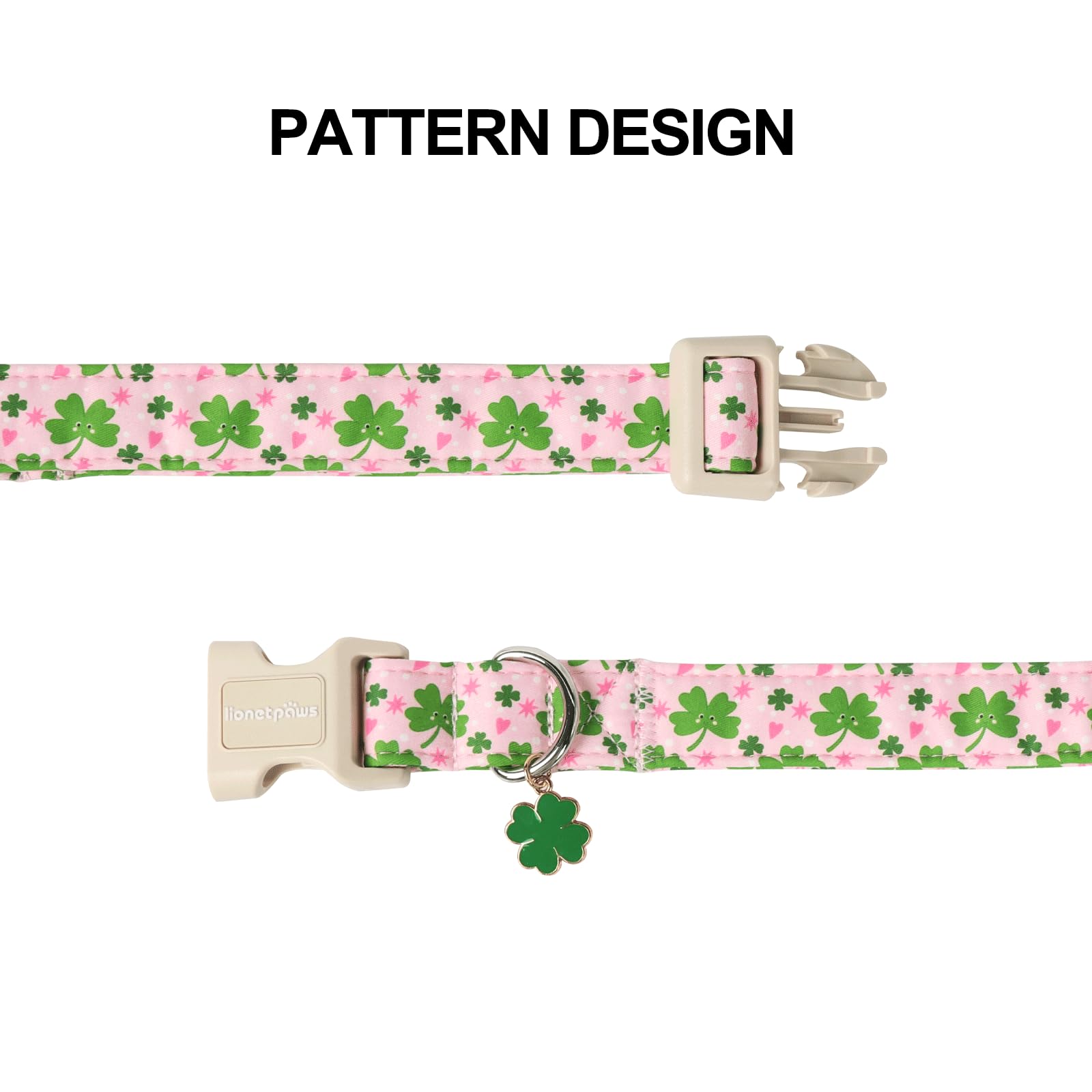 Lionet Paws St. Patrick Dog Collar- Cute Clover Pink Dog Collars With Plastic Buckle, Light Adjustable Dog Collars With Clover P