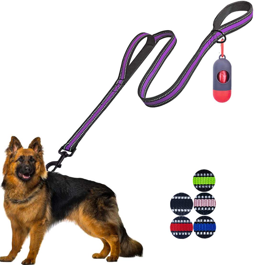 Jsxd Heavy Duty Double Handle Dog Leash - 5 Ft With Comfortable Padded And Reflective Rope, For Small To Large Dogs (Wide-Purple
