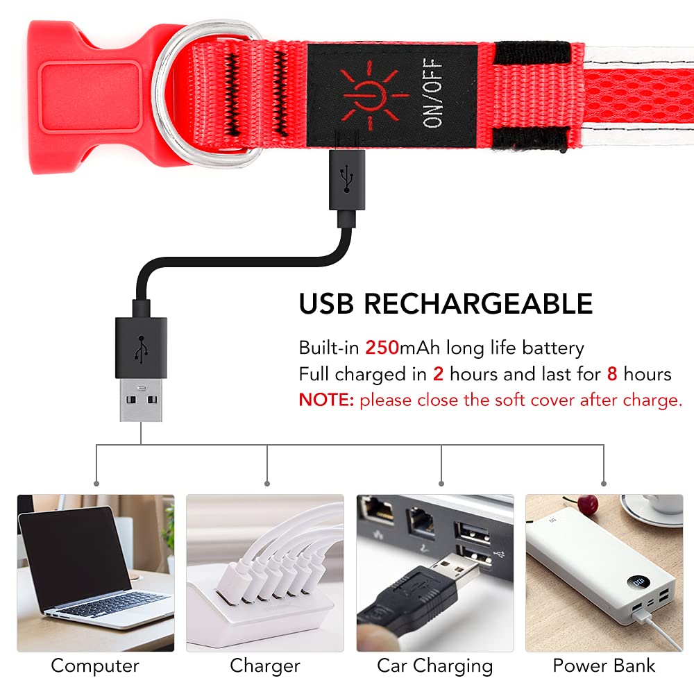 Yfbrite Light Up Dog Collar, Rechargeable Flashing Led Collar, Adjustable Reflective Safety Glowing At Night (Red, Large)