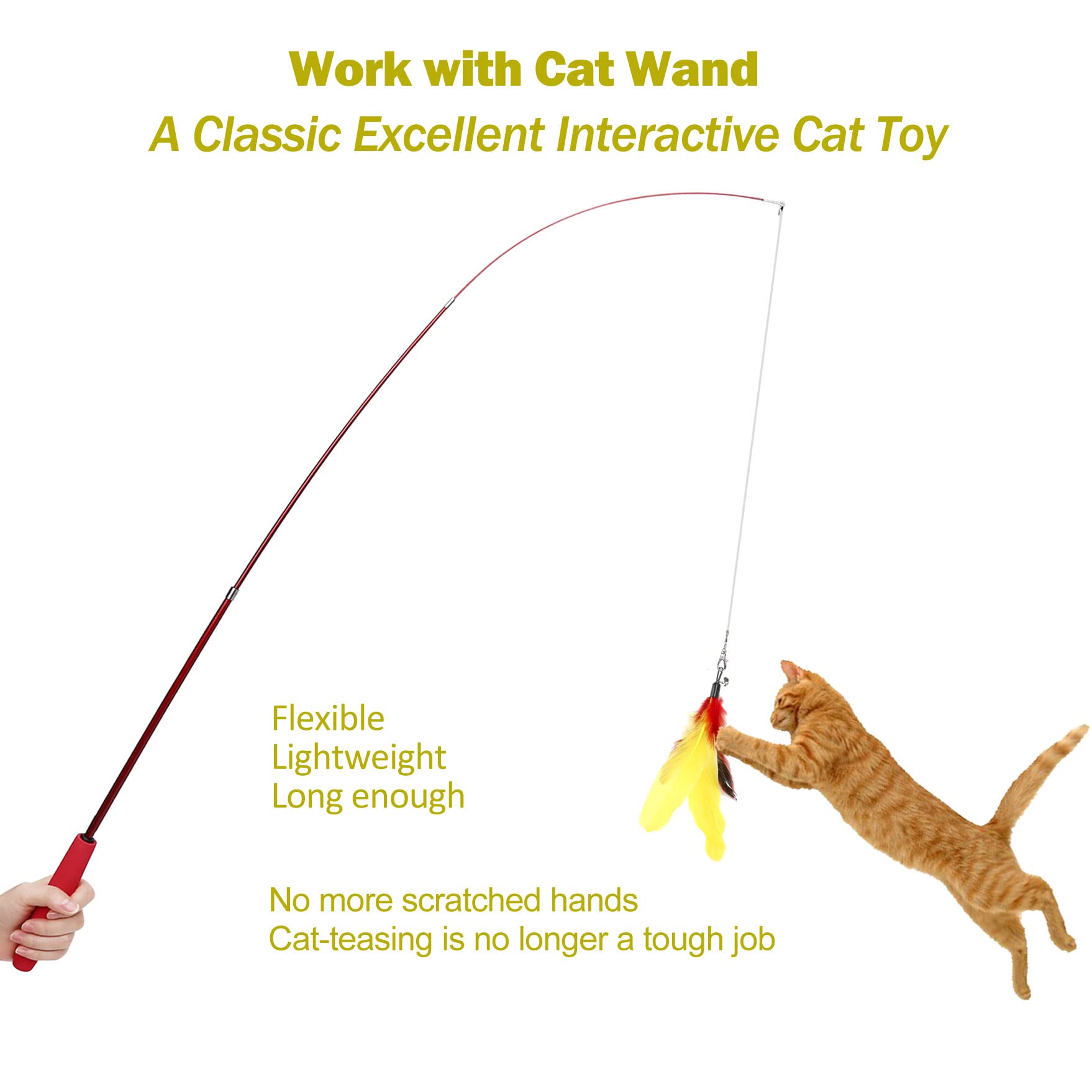 Meohui Cat Wand Toys Refills, Cat Feather Toys Accessories, 10Pcs Squiggly Worms Replacements And 1Pc Replacement String For Cat Fishing Pole, Assorted Teaser Refills With Bell For Indoor Cats Kitten