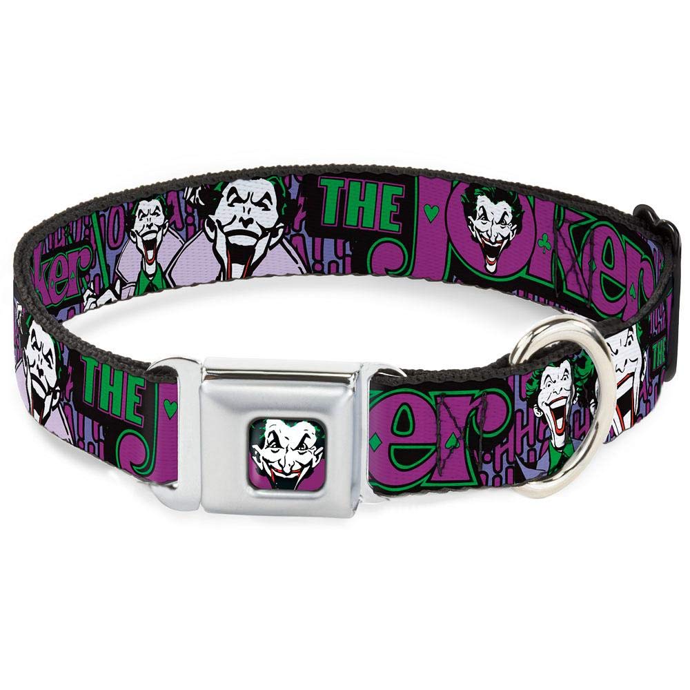 Buckle-Down Seatbelt Buckle Dog Collar - Joker Face/Logo/Spades Black/Green/Purple - 1' Wide - Fits 9-15' Neck - Small