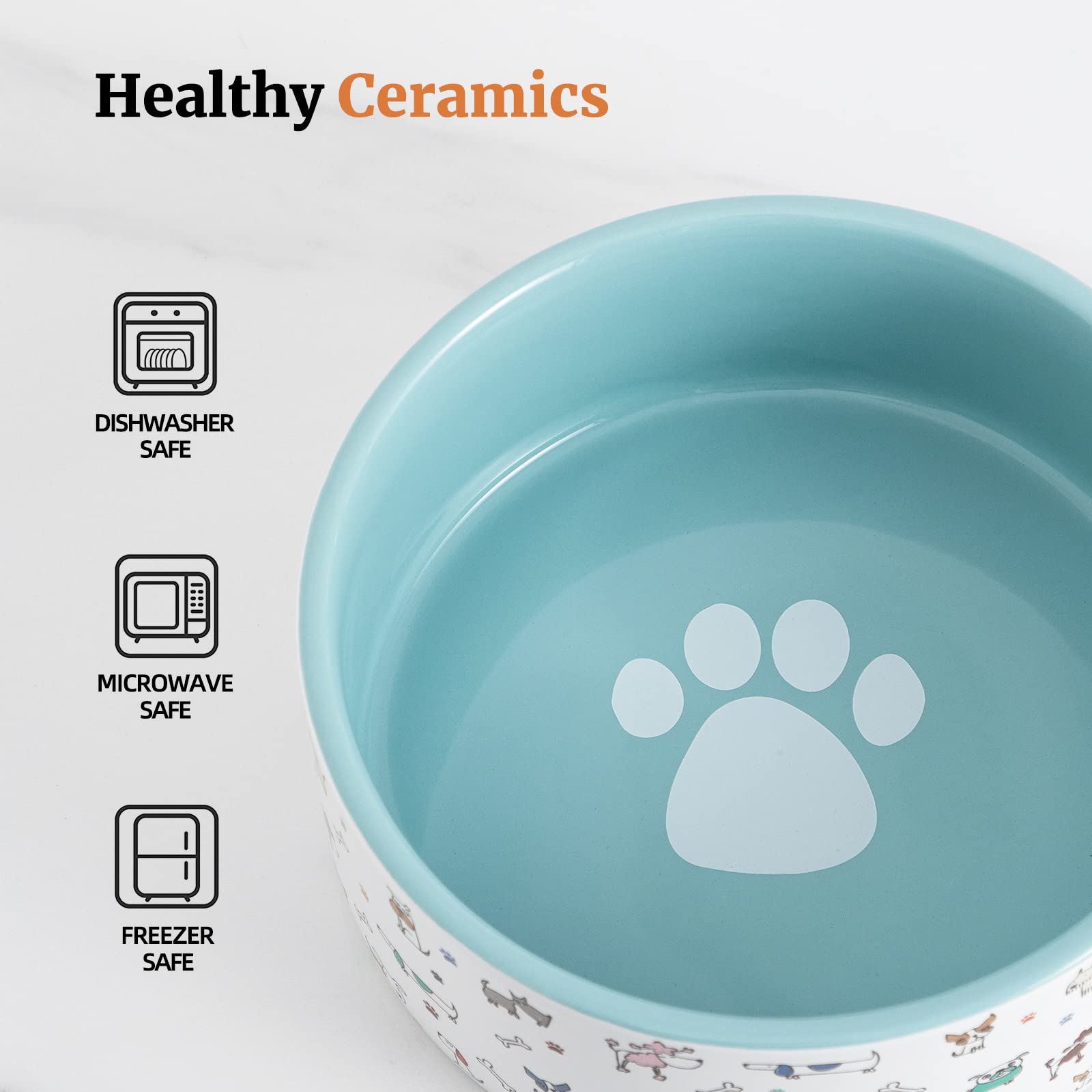 Fun Elements Ceramic Dog Bowls - Large, 64 Fl Oz Heavy Duty, Adorable Dog Patterns (Large, Blue)
