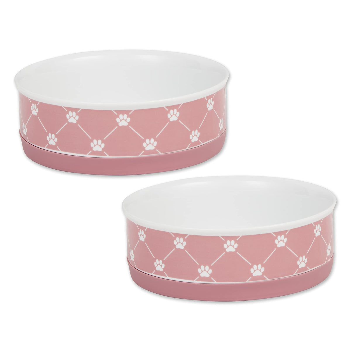 Bone Dry Trellis Paw Print Pet Bowl Set Microwave & Dishwasher Safe, Non-Slip Silicone Bottom for Less Mess, Medium 6x2, Rose, 2 Count