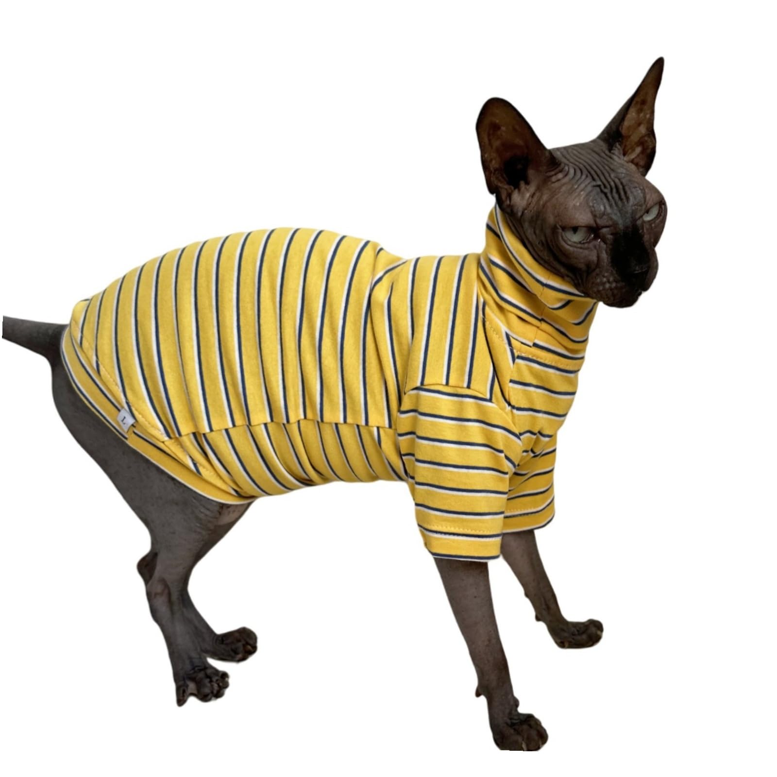Vintage Stripes Sphynx Hairless Cats Shirt Cotton Cat Turtleneck Pet Clothes Kitten T-Shirts With Sleeves For Sphynx Cornish Rex, Devon Rex, Peterbald (Yellow Stripe, Large (Pack Of 1))