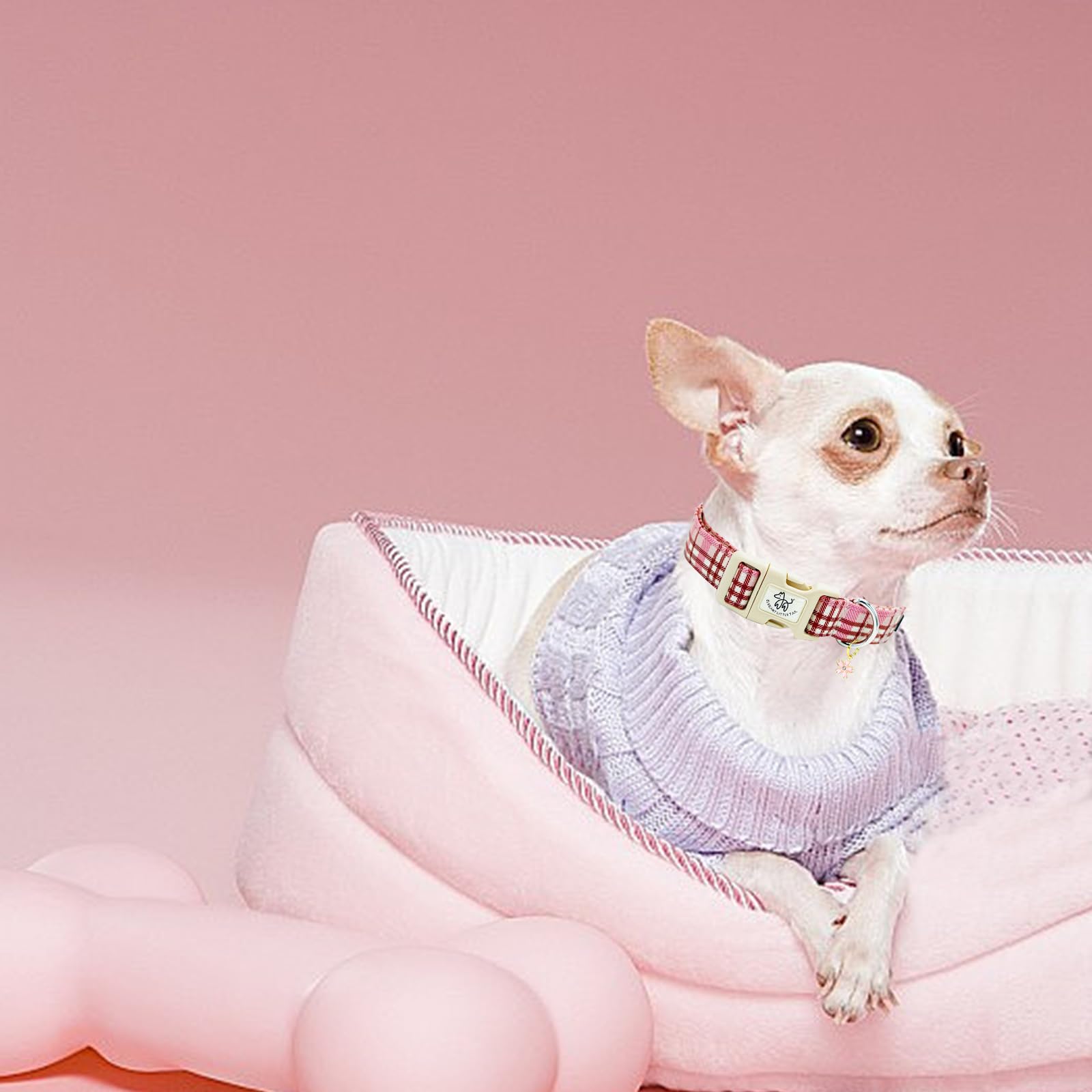 Elegant Little Tail Dog Collar- Cute Dog Pet Collars Pink Plaid Print Puppy Adjustable Soft Cotton Girl Boy Collars For Small Me