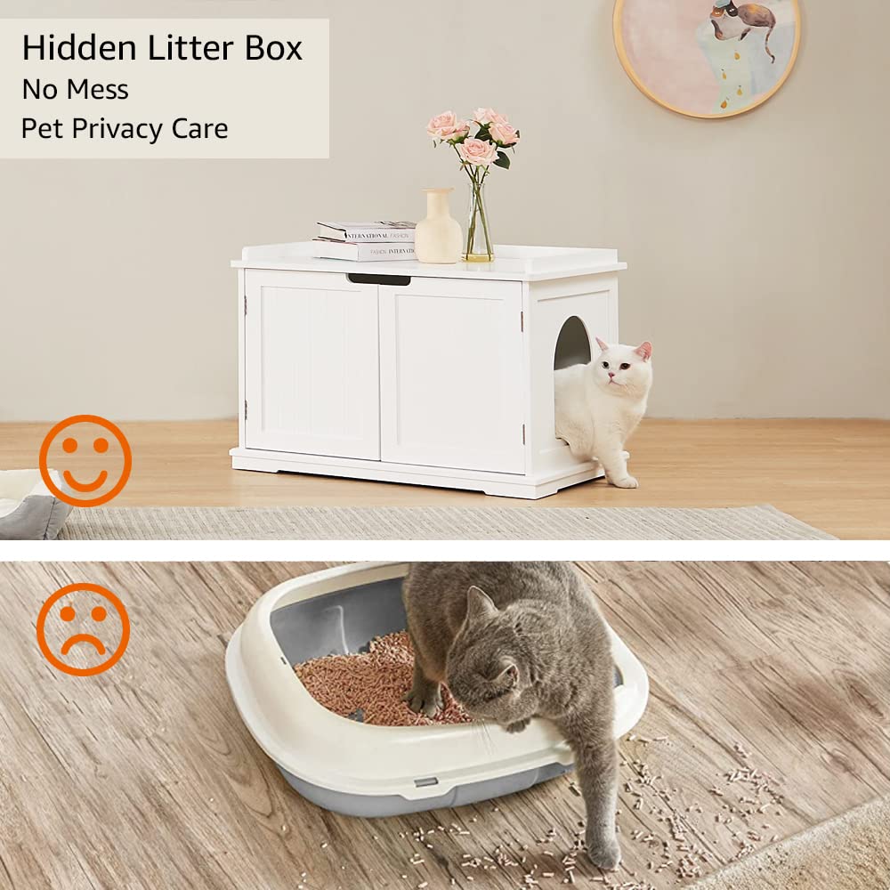 Unipaws Cat Litter Box Enclosure Furniture, Cat Washroom, Hidden Litter Box Cover, Cabinet For Large Cat, Dog Proof Cat Litter Boxes, Hideaway Litter Box, Cat House, White