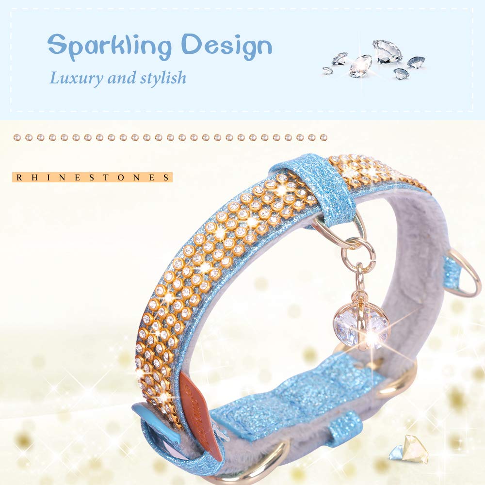 Petshome Cat Collar, Dog Collar, [Bling Rhinestones] Premium Pu Leather With Pendant Adjustable Collars For Big Cat And Small To Medium Dog Small Blue