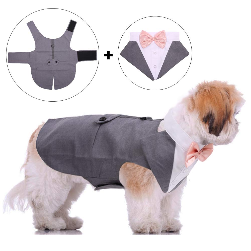 Qbleev Dog Tuxedo For Large Dogs, Dog Suit And Bandana Set, Dog Wedding Outfit With Bow Tie, Formal Dog Tux Dog Costume Halloween Dog Christmas Outfit For Birthday Party Cosplay, Grey 2Xl