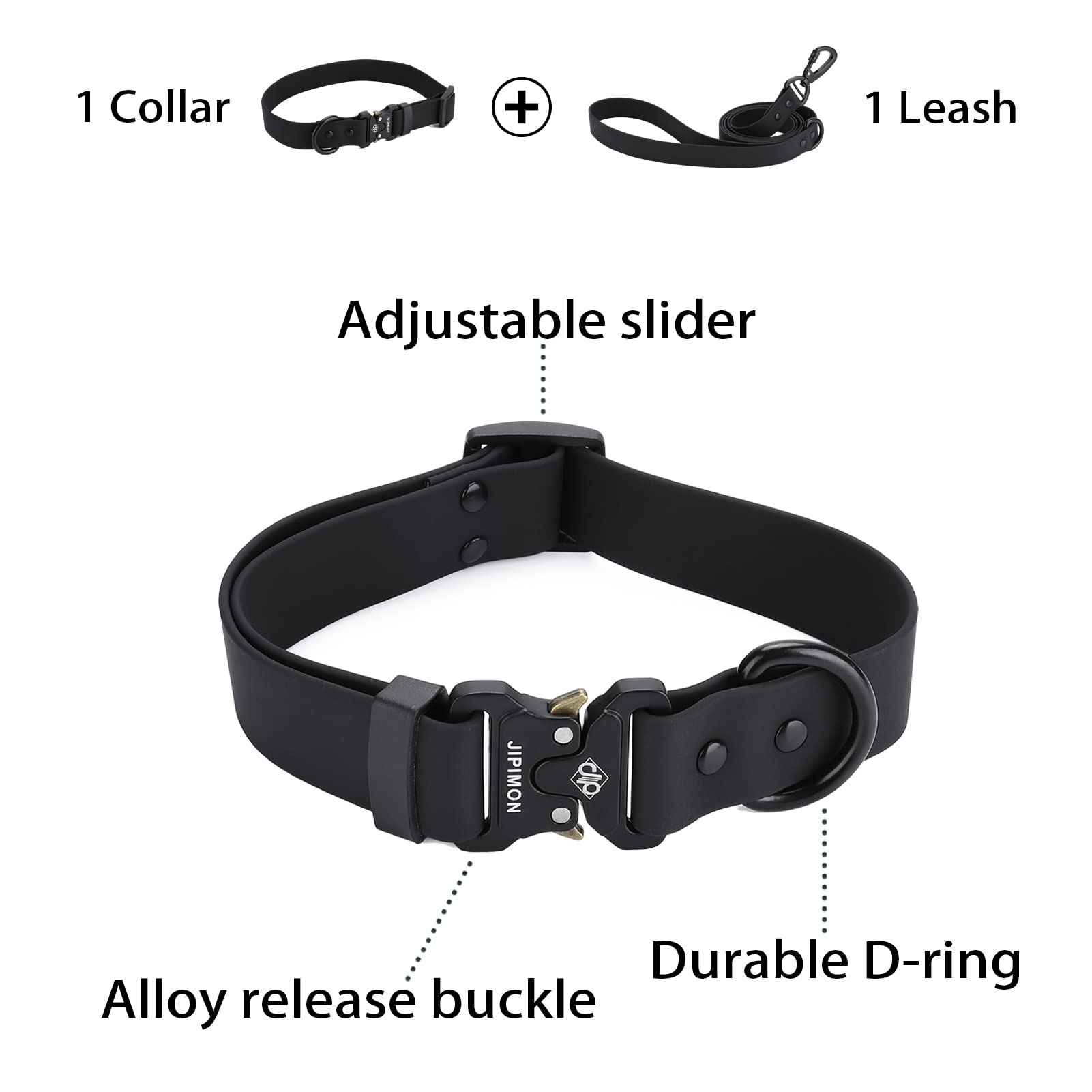 Jipimon Waterproof Dog Collar And Leash Set Adjustable Quick Release Buckle Collar Leash For Small Medium Large Dogs (Medium, Black)