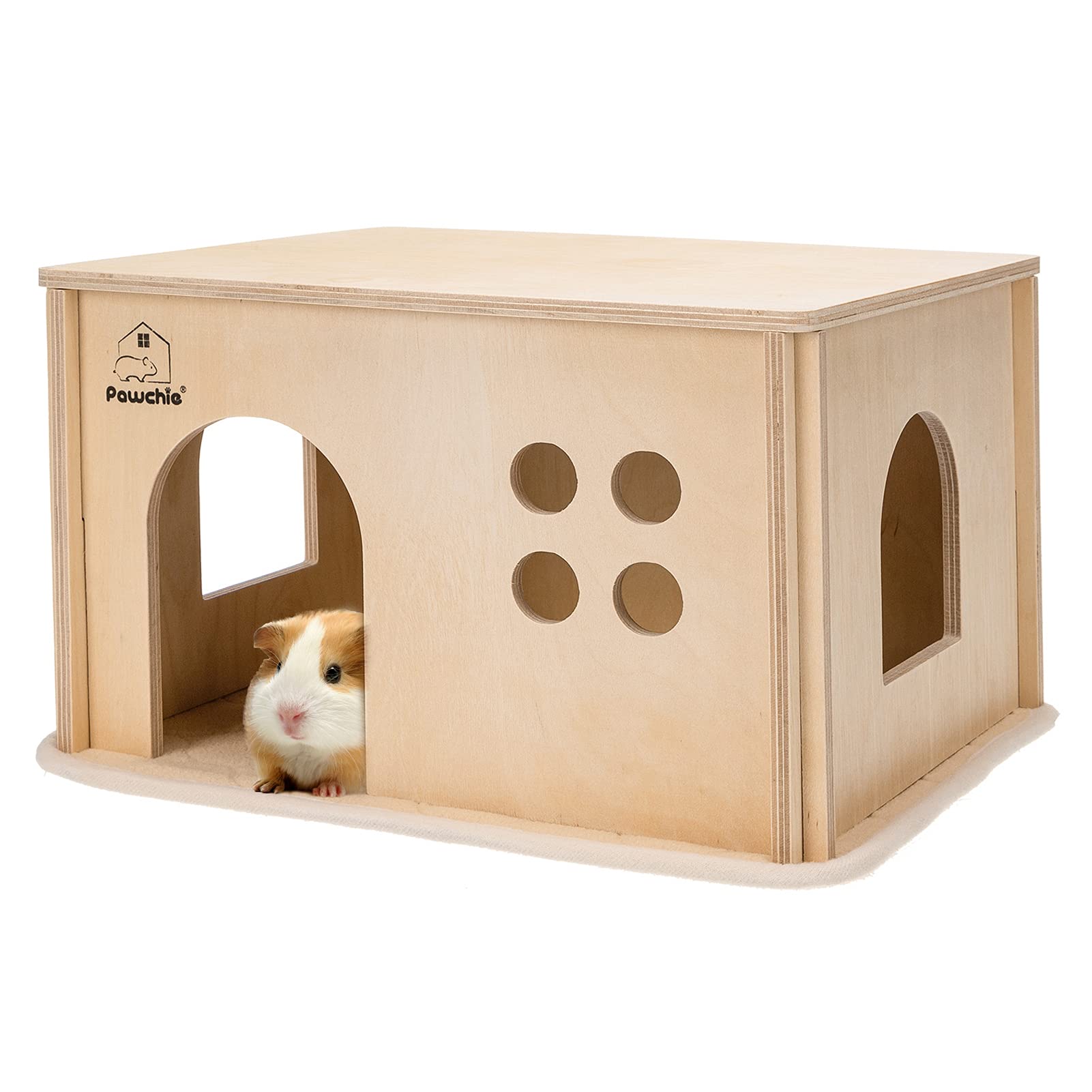 Pawchie Guinea Pig House Hide - Wooden Hideout For Chinchilla Small Animals, Habitat With Windows Guinea Pig Hamster Rat Living
