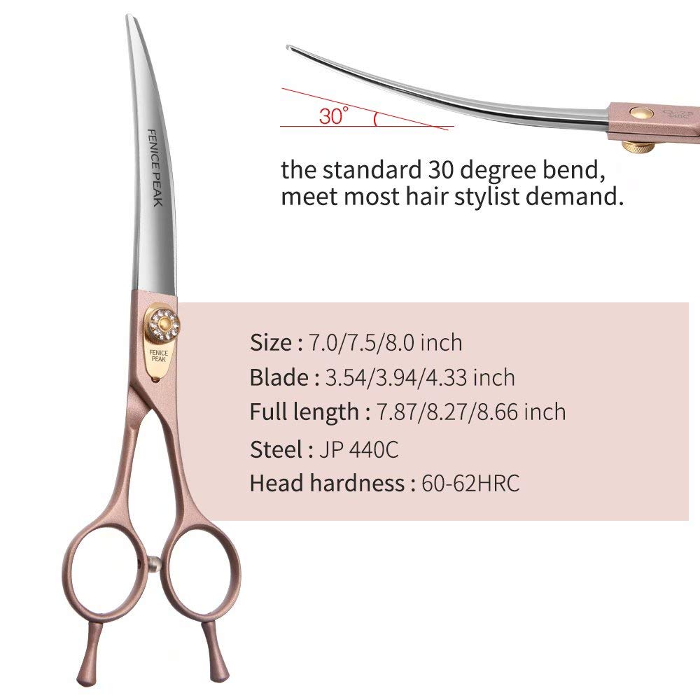 Fenice Peak Professional Curved Dog Grooming Scissors 8'' Rose Gold 440C Stainless Steel Pet Cutting Shears Safety Trimming Shea