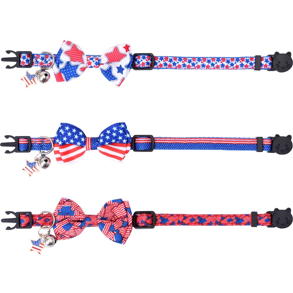 American Flag Cat Collar With Bell Bow Tie Star Breakaway Adjustable For 4Th Of July Independence Day