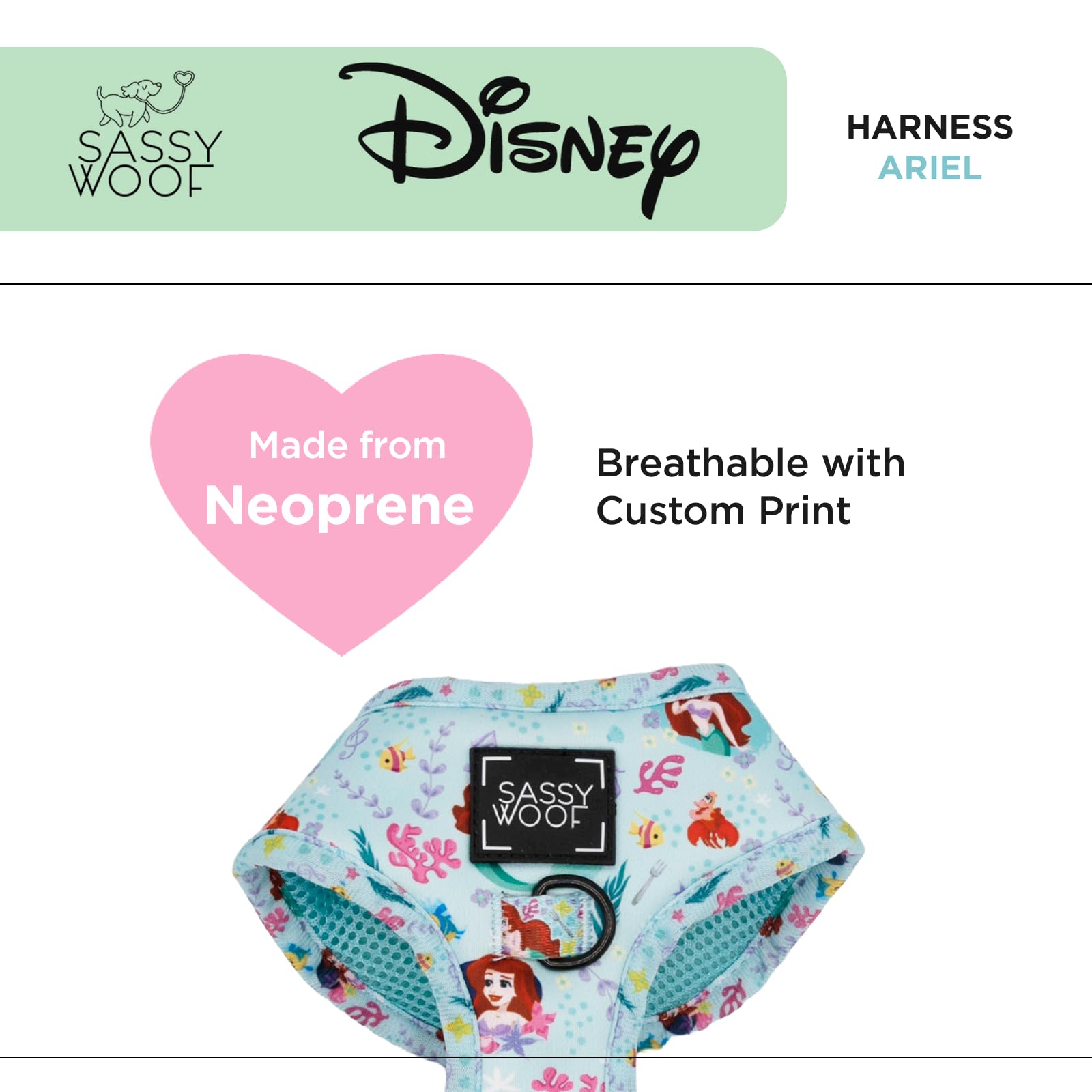 Sassy Woof Dog Adjustable Harness - Disney Princess Little Mermaid Ariel - M, Breathable Mesh, No Pull Design With Two D-Rings,