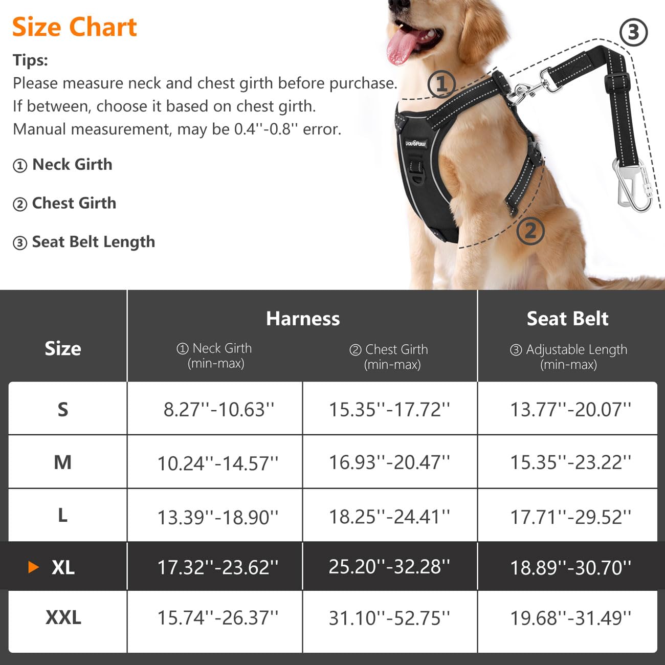 Vavopaw Dog Seat Belt, Safety Vest Dog Car Harness With Reflective Strip & Adjustable Buckle Dog Seat Belt For Vehicle Nylon Pet Safety Seat Belts Heavy Duty(Xl, Carbon Black)