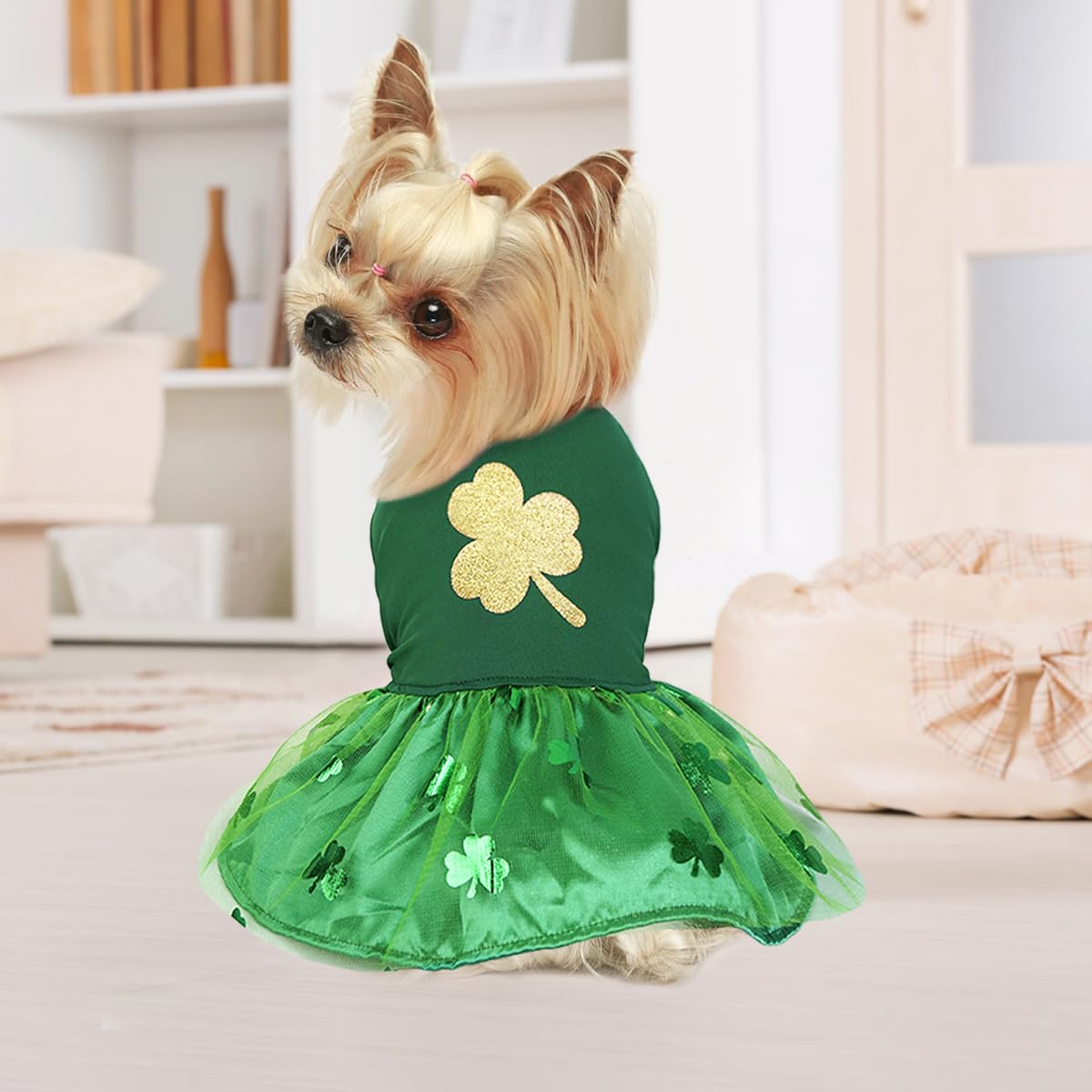 Idepet St. Patrick'S Day Dog Dress With Bow Dog Tulle Skirt For Small Dog Girls Green Puppy Dress Cat Apparel Pet Holiday Outfit