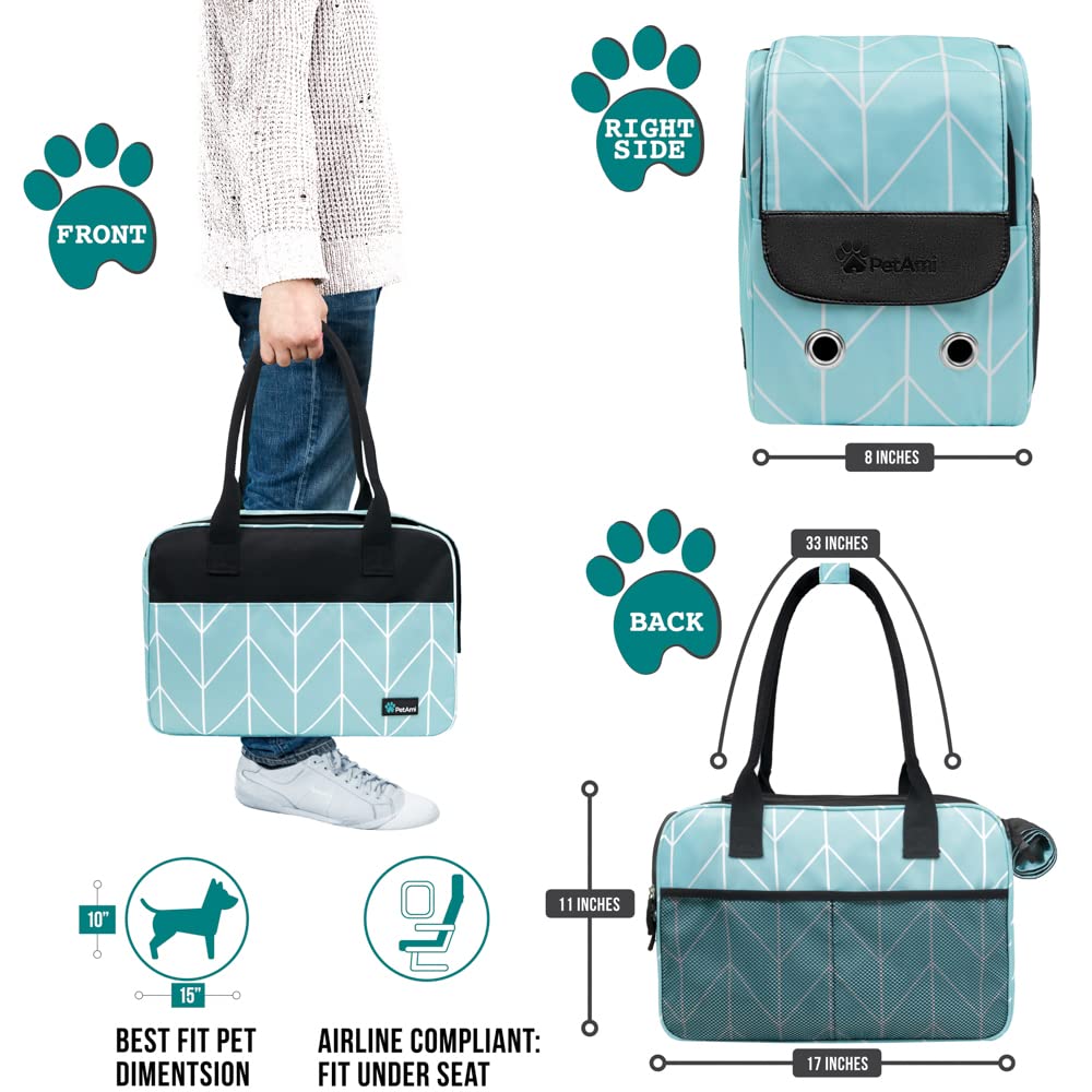 Petami Dog Purse Carrier For Small Dogs, Airline Approved Soft Sided Pet Carrier With Pockets, Ventilated Dog Carrying Bag For Puppy Cat, Dog Travel Supplies Bag, Sherpa Bed, Max 12 Lbs, Chevron Teal
