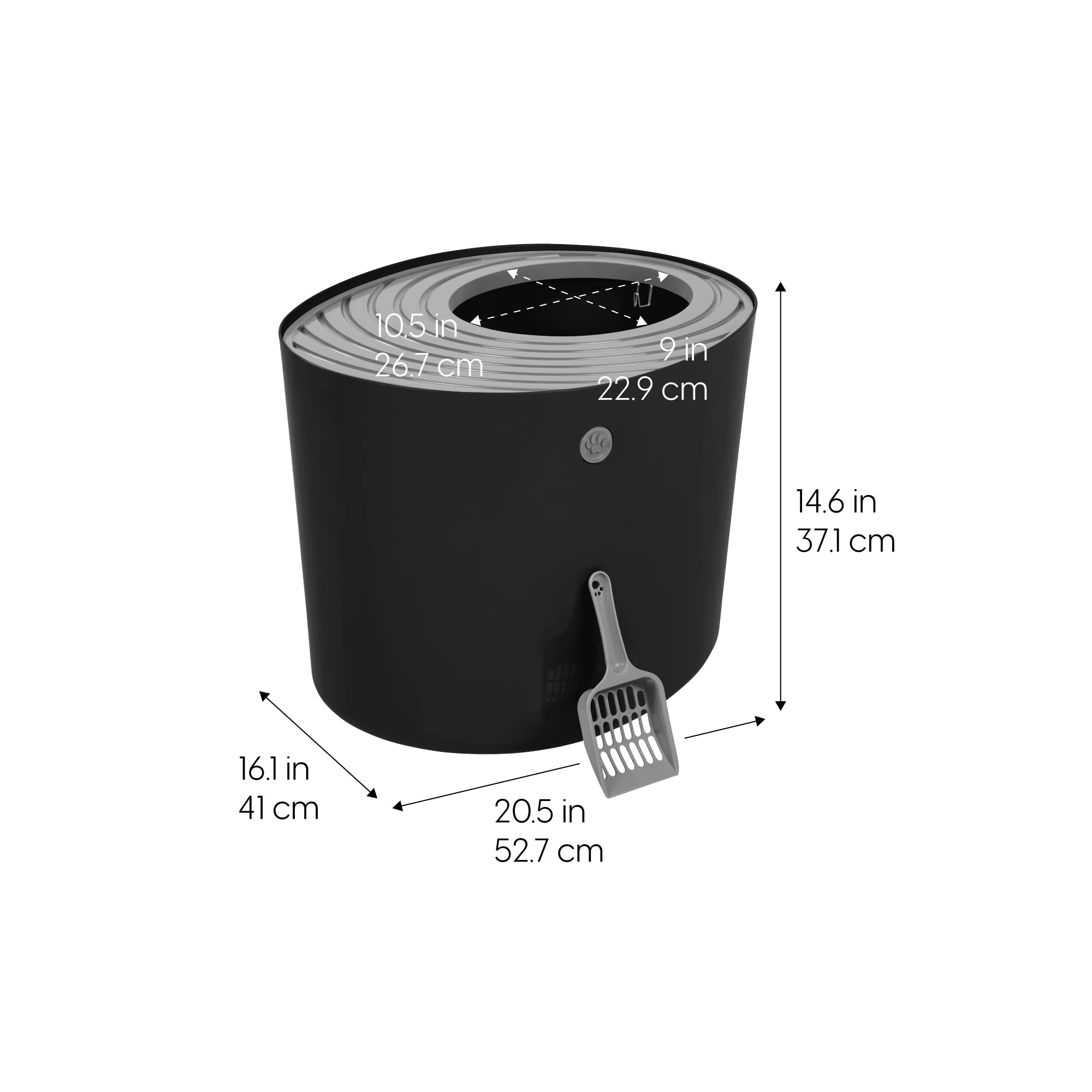 Iris Usa Cat Litter Box, Top Entry Litter Box With Scoop, Stylish Round Cat Litter Box Enclosure, Kitty Litter Box, Black/Gray
