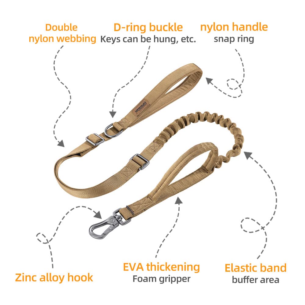 Excellent Elite Spanker Tactical Dog Leash Heavy Duty 5-6Ft Adjustable No Pull Military Bungee Dog Leash Elastic Leads Rope With 2 Padded Control Handle For Medium Large X-Large Dogs(Coyote Brown)