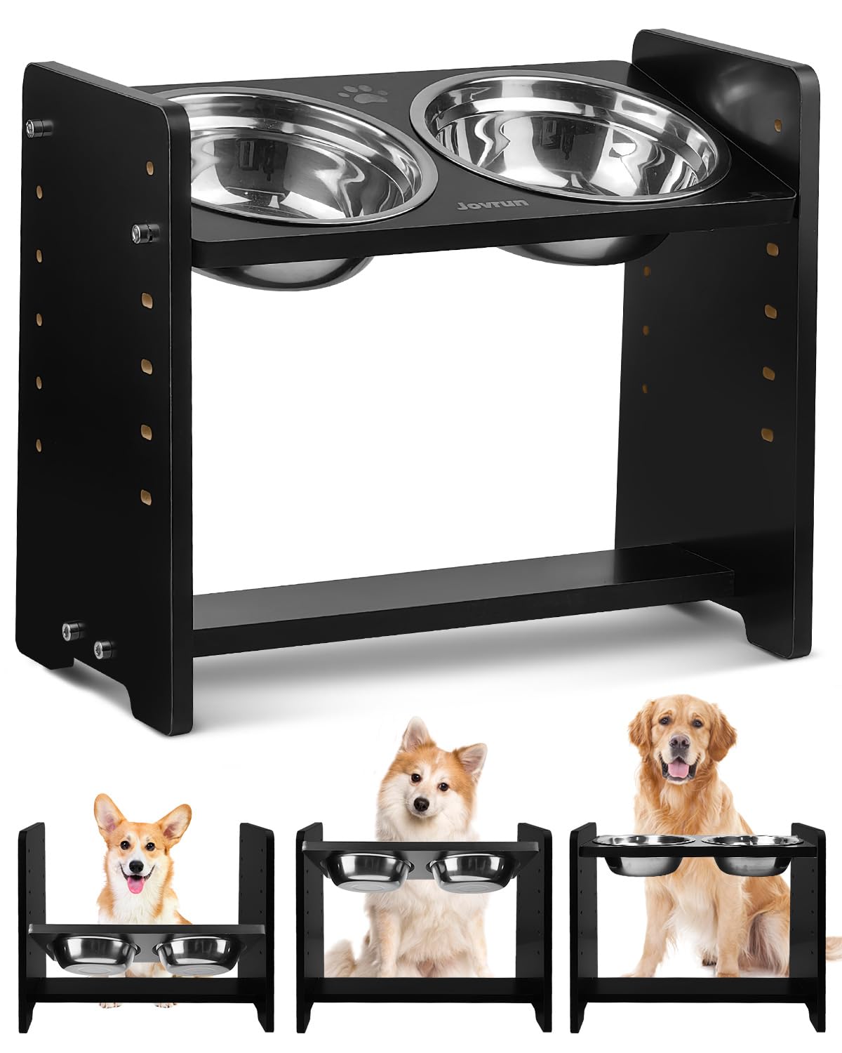 Jovrun Elevated Dog Bowls - Adjustable Stand for Medium Dogs & Cats, Durable Bamboo with SS Bowls & Non-Slip Feet