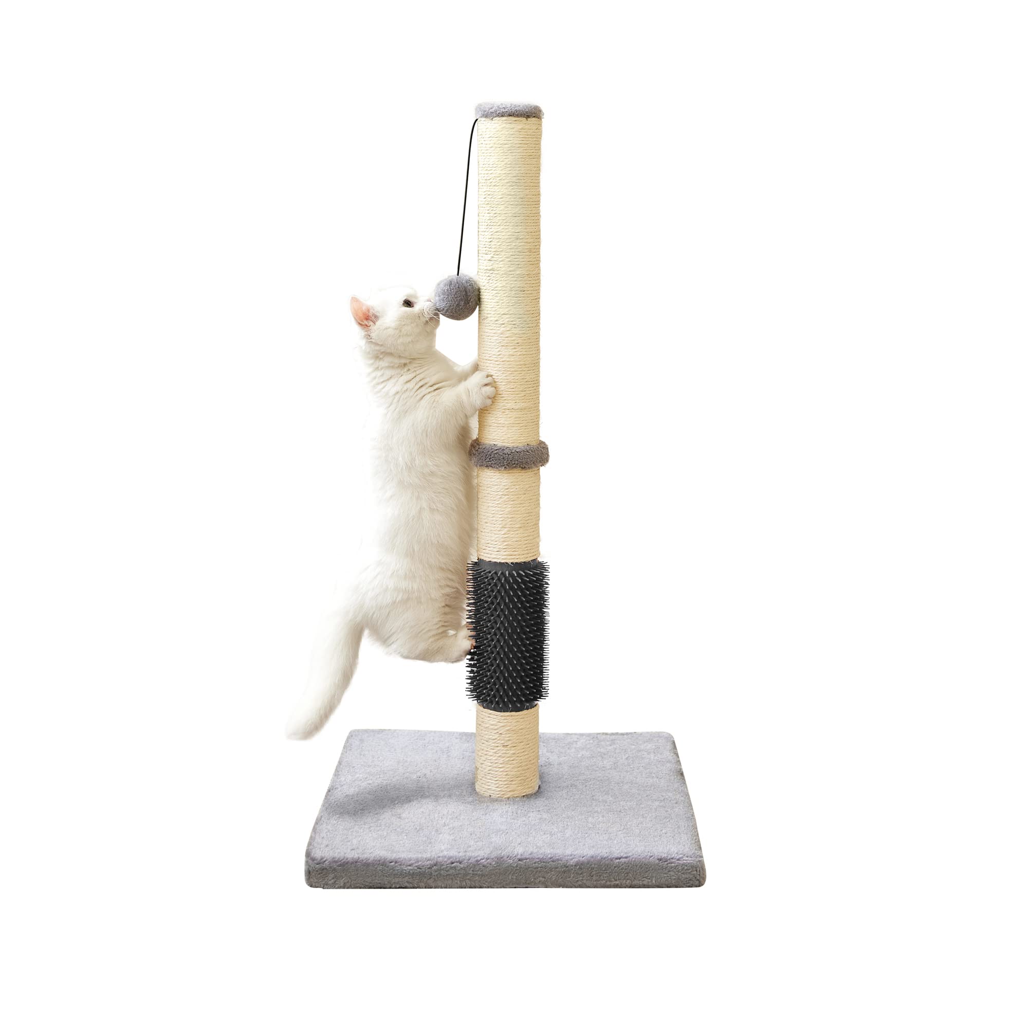 MeowHomm 32  Cat Scratching Post with Self Groomer Cat Brush, Sisal Rope Tall Cat Scratching Post with Soft Hanging Ball for Ind