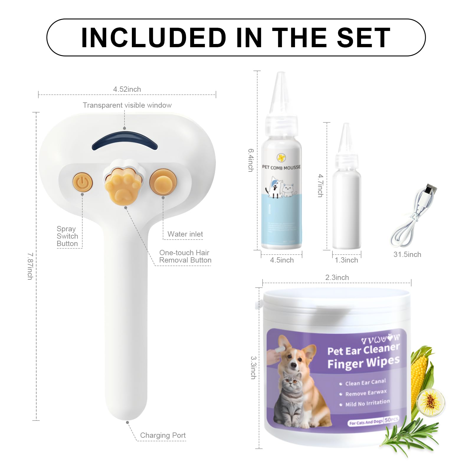 VVWVVW Pet Steam Brush for Dog & Cat - 3-in-1 Spray Hair Removal Comb - Steam for Shedding & Grooming - Water Brush for Long & S